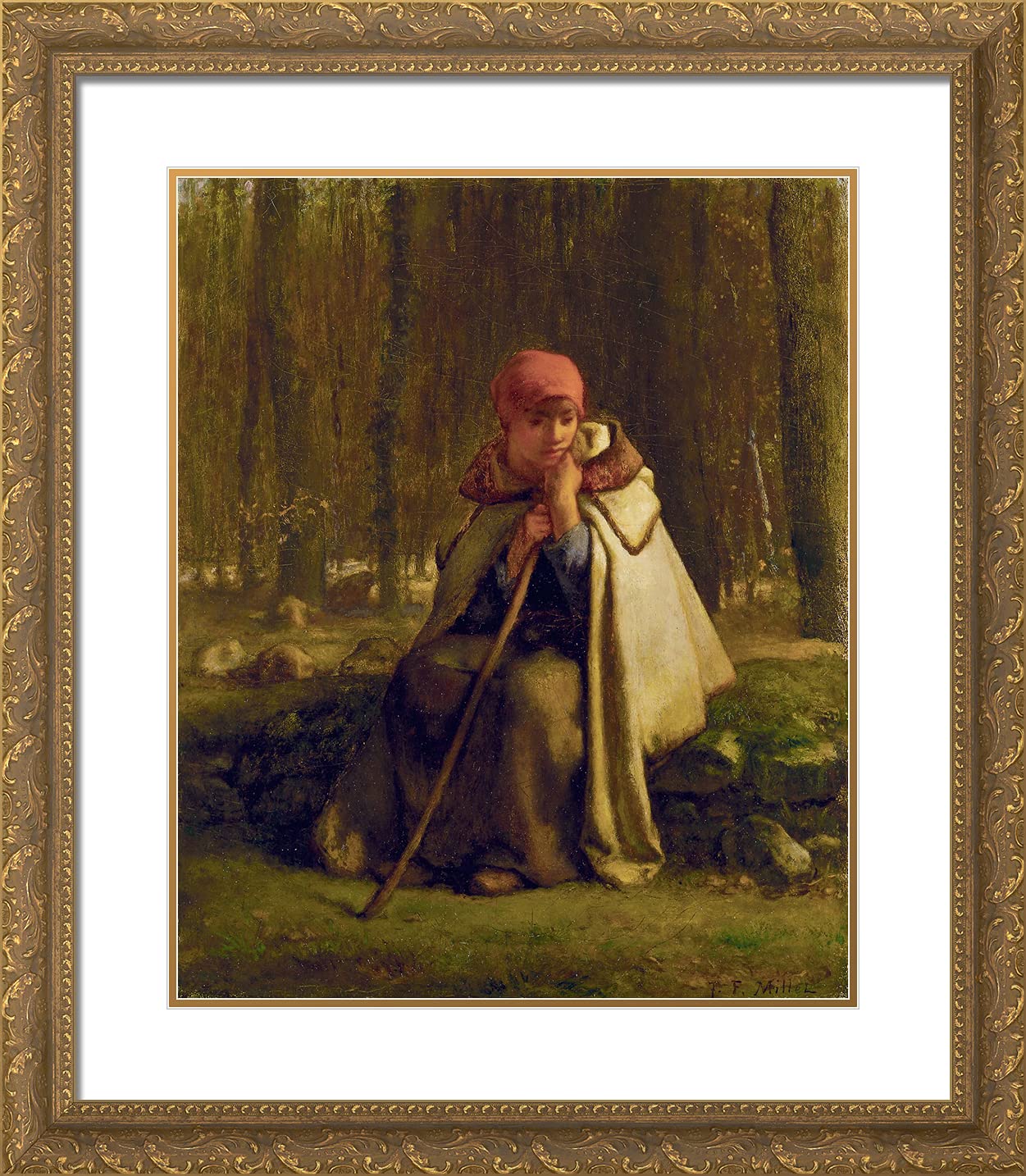 Jean-Francois Millet 'Seated Shepherdess II' 20x23 Gold Ornate Framed Art Print with Double Mat - Classic French Pastoral Wall Decor for Living Room, Bedroom & Office