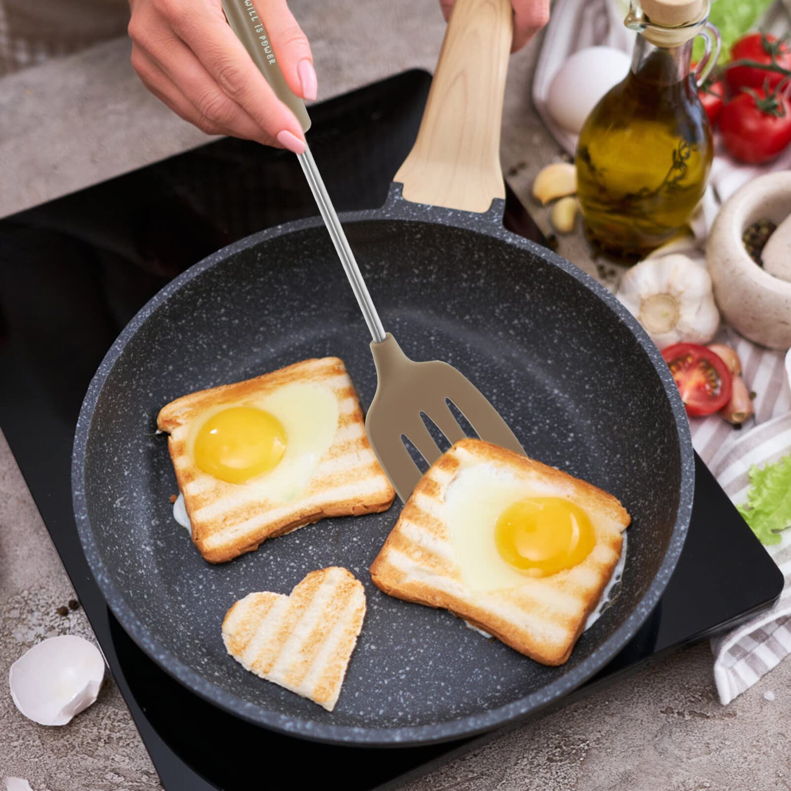 BESTonZON 4-Piece Silicone Kitchen Utensil Set - Heat-Resistant Spatula, Wok Turner, Wide Spoon & Egg Flipper - Non-Slip Grip for Cooking, Baking & Frying - Perfect for Home Chefs & Professional Kitchens