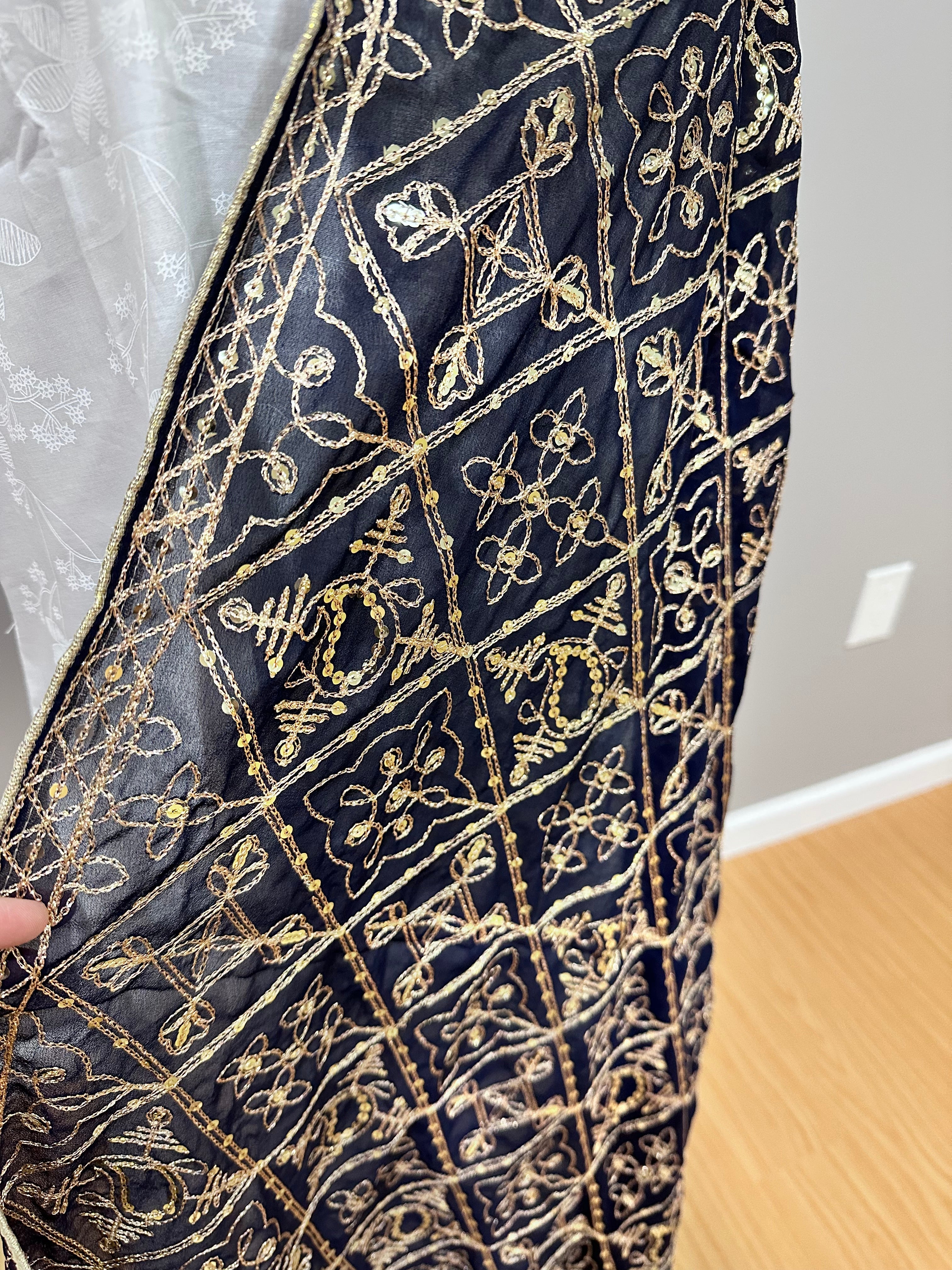 Elegant Black and Gold Embroidered Dupatta Scarf - Perfect for Weddings, Parties & Festive Occasions