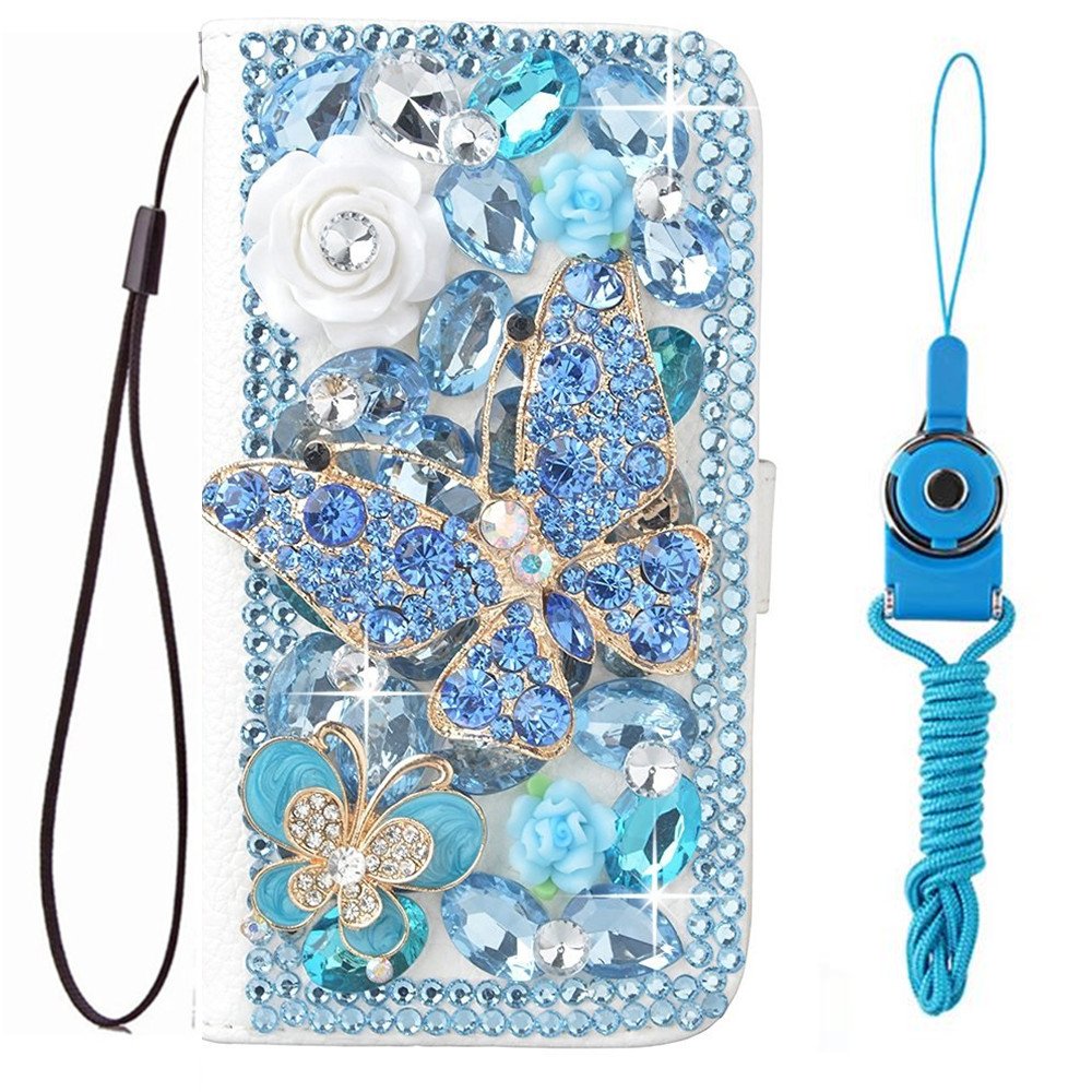 Nokia X100 Case with Screen Protector, Bling Leather Wallet Cover for Women - Perfect for Daily Use & Travel (Blue Butterfly)