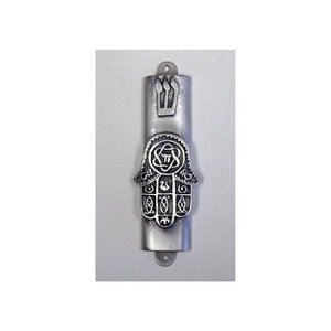 Pewter Mezuzah Chamsa with Kosher Scroll - Handcrafted Door Mezuzah for Jewish Home Blessing & Protection | Perfect for Housewarming Gifts & Front Door Decor