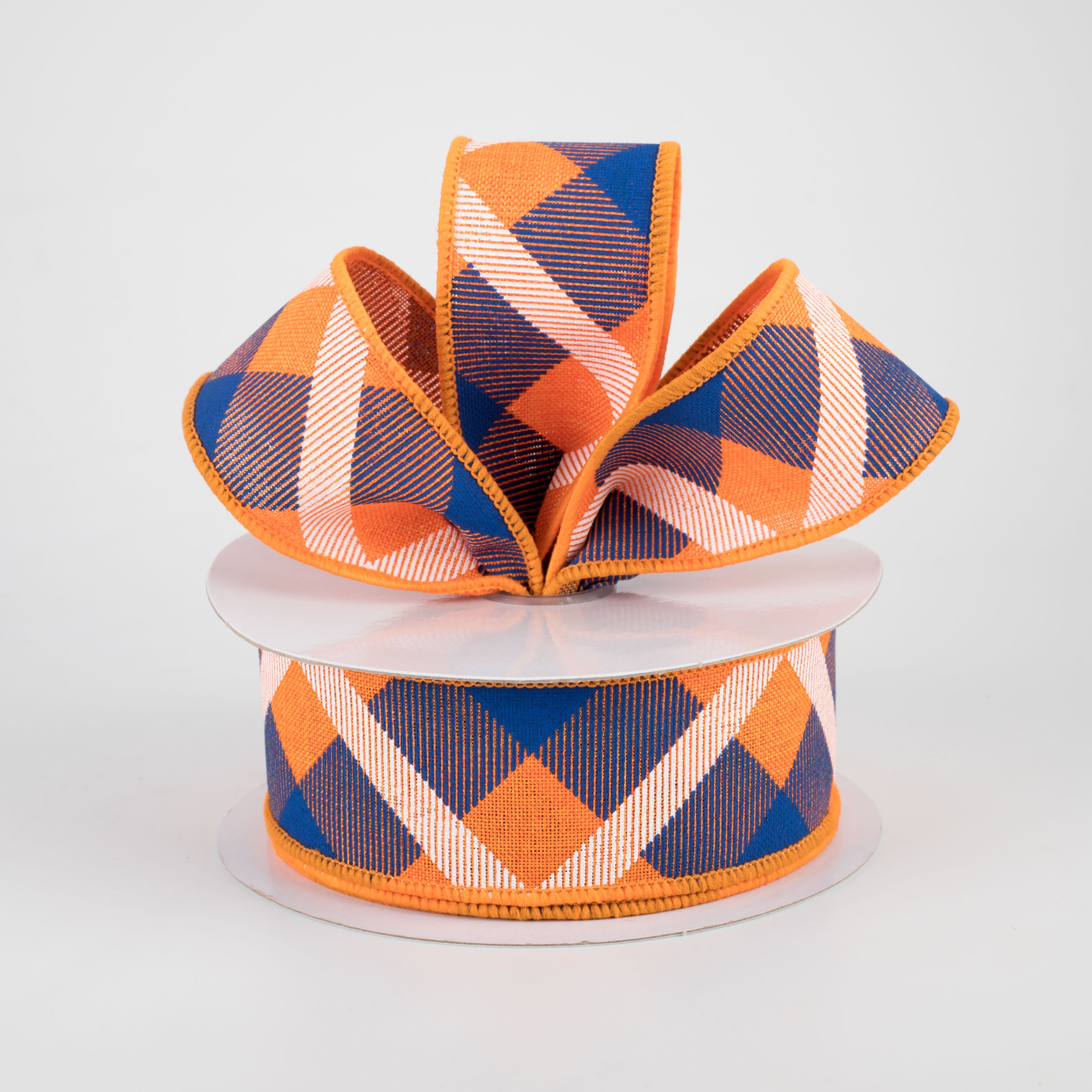 1.5 Inch Printed Plaid Ribbon - Orange, Royal Blue & White - 10 Yards Bulk Spool for Gift Wrapping, DIY Crafts, Holiday Decorations and Party Favors