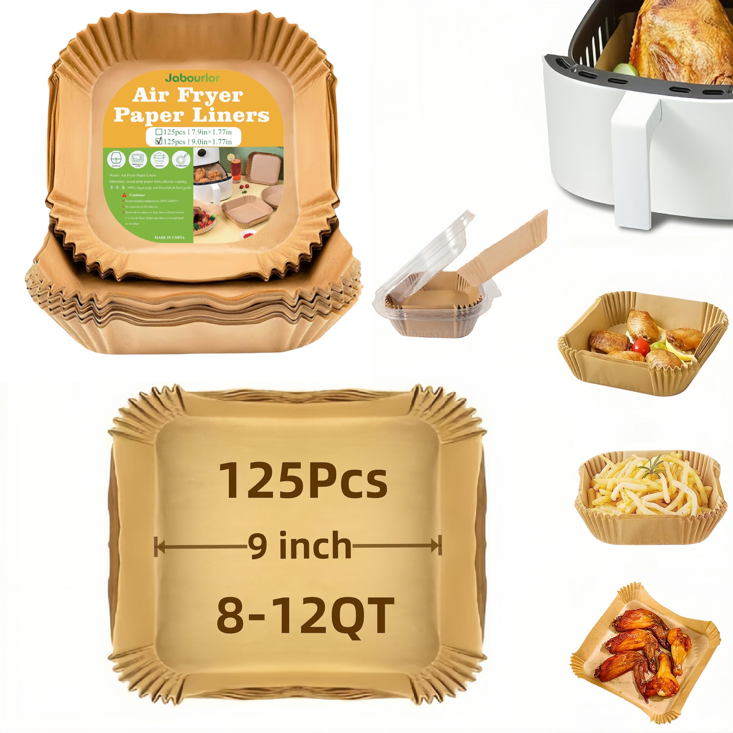 125Pcs Disposable Square Air Fryer Liners - 9 Inch Parchment Paper Basket Liners for 8 QT+ Air Fryers | Non-Stick Cooking Sheets for Frying, Baking, Roasting & Microwave Use | Perfect for Healthy Meal Prep & Quick Cleanup