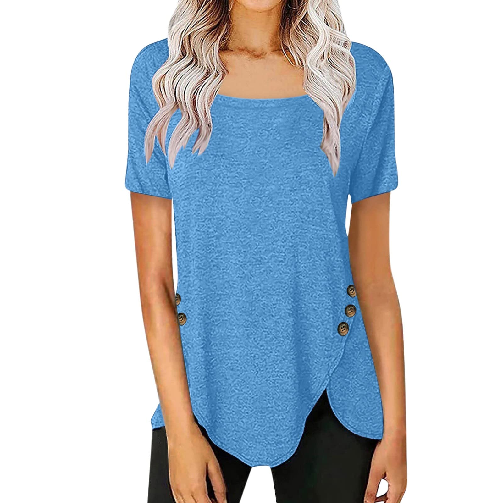 Women's Casual Long Sleeve Tunic Top with Square Collar & Side Buttons - Stylish Blouse for Work, Office & Everyday Wear