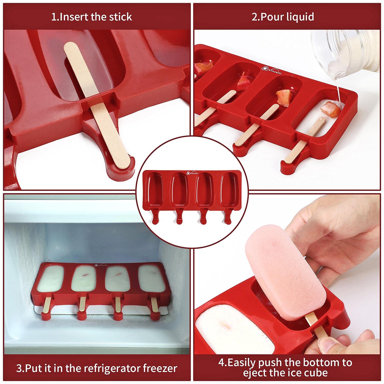 Vinsani 2-Pack Silicone Ice Lolly Molds with 100 Sticks - BPA Free, Food Grade Popsicle Makers for Homemade Frozen Treats - Perfect for Summer Snacks, Kids Parties & DIY Desserts (Red)