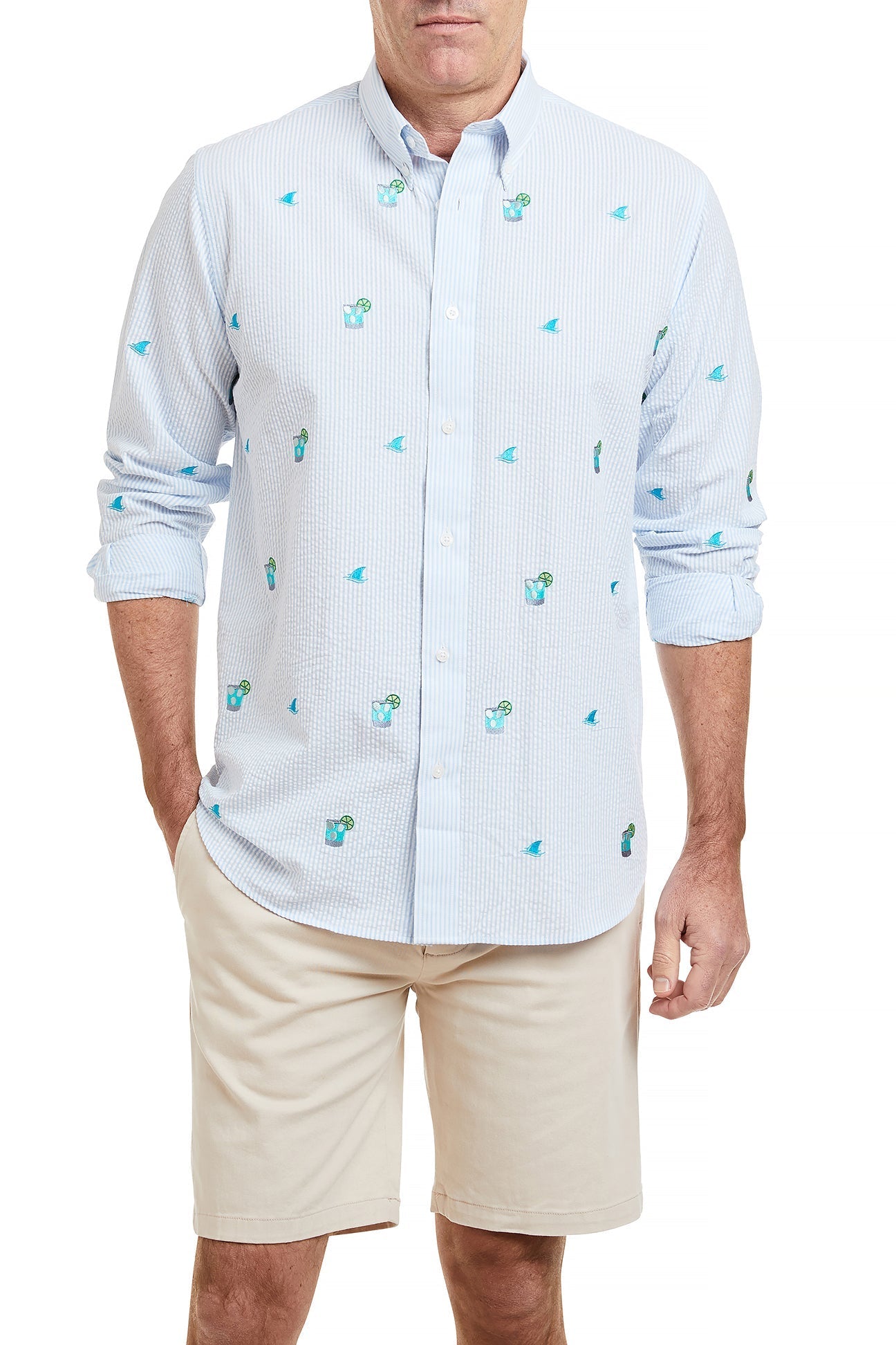 Chase Shirt Blue Seersucker with Fin & Tonic - Stylish Men's Casual Button Down Shirt for Summer Beach & Outdoor Parties