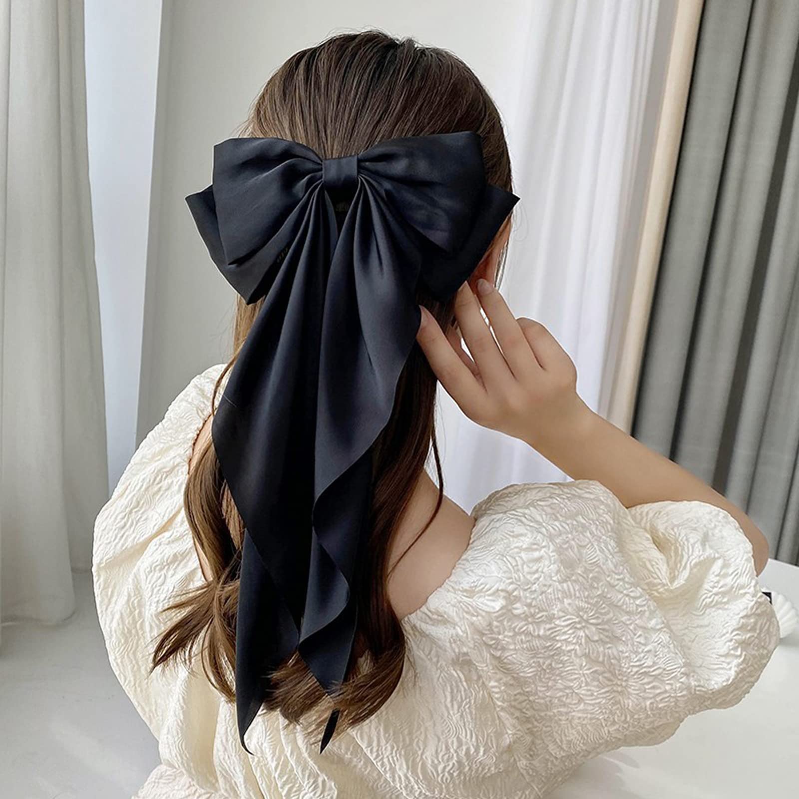 Elegant Satin Hair Bows for Women & Girls - 2 Pack Large Silky Bow Hair Clips with Metal Clips & Long Tails - Perfect Hair Accessories for Parties, Weddings & Birthday Gifts (Black & Red)