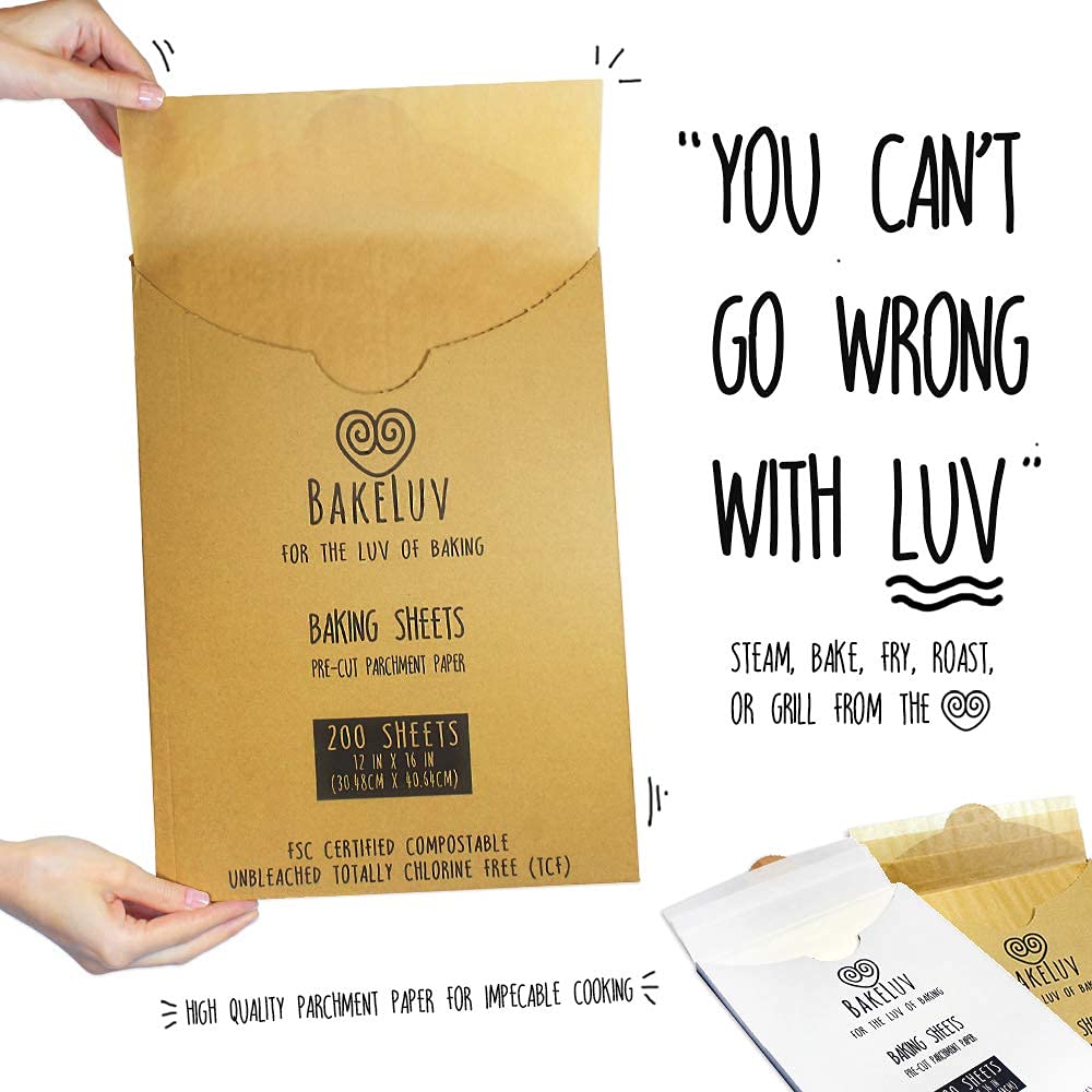BAKELUV Unbleached Kraft Brown Parchment Paper Sheets 12x16 Inch - 200 Count Non-Stick Precut Baking Paper for Cookies, Cakes & Bread | Oven, Air Fryer, Grill & Freezer Safe | Perfect for Baking, Roasting & Meal Prep