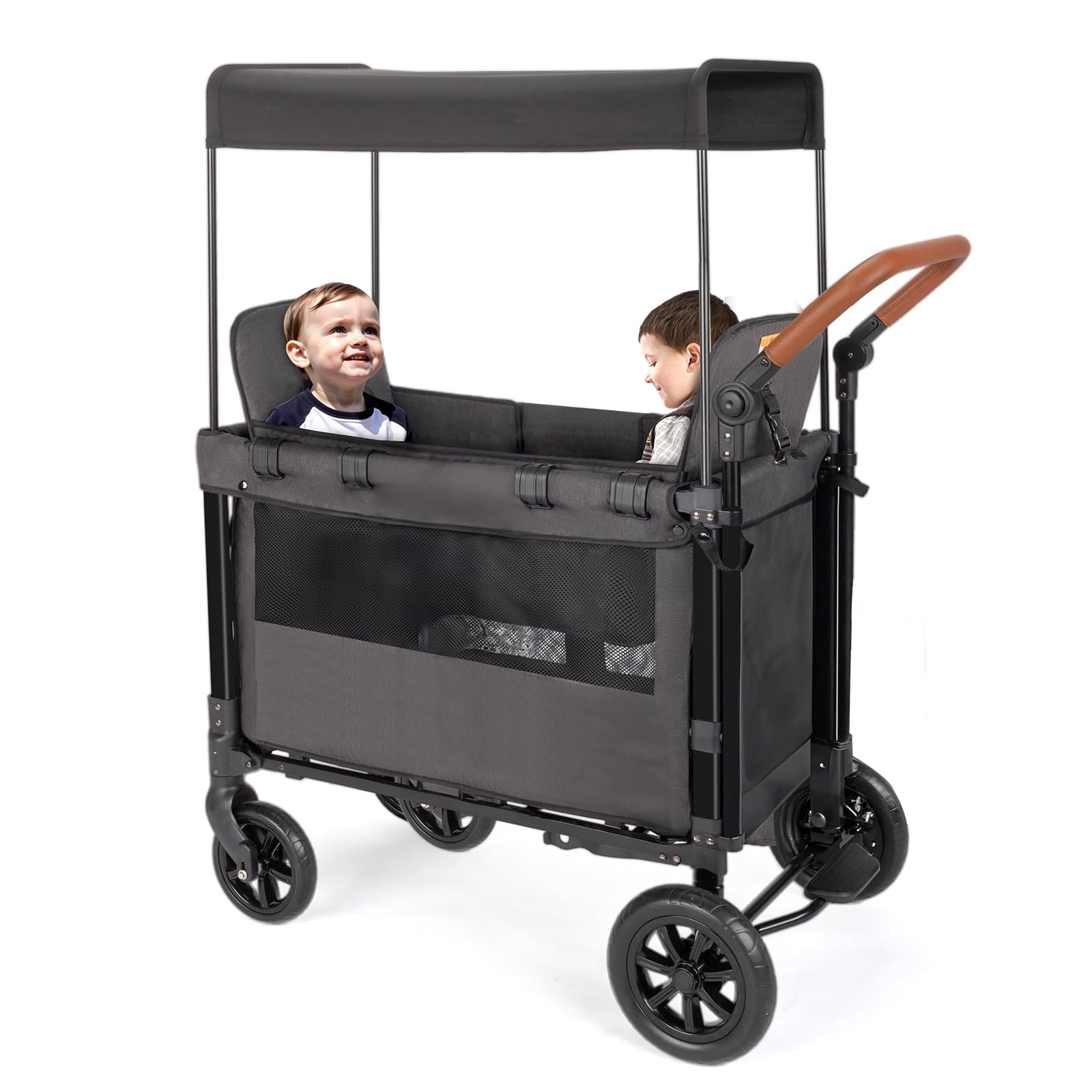 Double Stroller Wagon for Kids - Foldable Baby Wagon with Adjustable Handle, Canopy, Storage Organizer & 5-Point Safety Harness (Dark Gray) - Perfect for Beach Outings, Park Walks & Family Travel