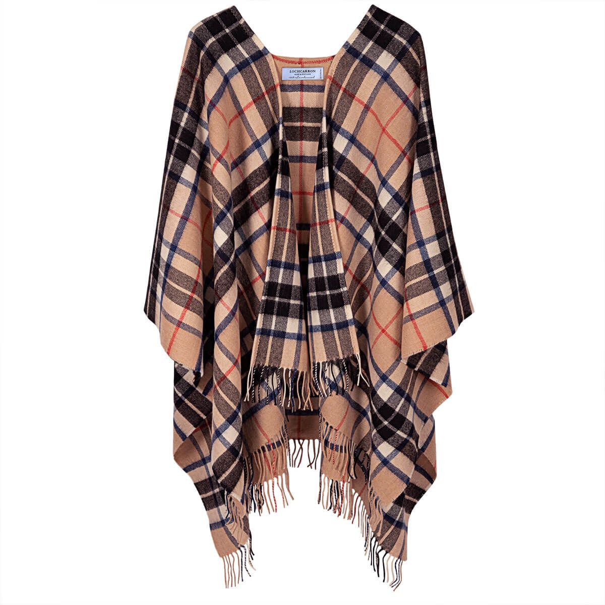 Alice Thomson Camel Modern Tartan Lambswool Serape Wrap - Soft Wool Shawl for Women, Cozy Fall & Winter Fashion Scarf - Perfect for Office, Travel and Outdoor Activities