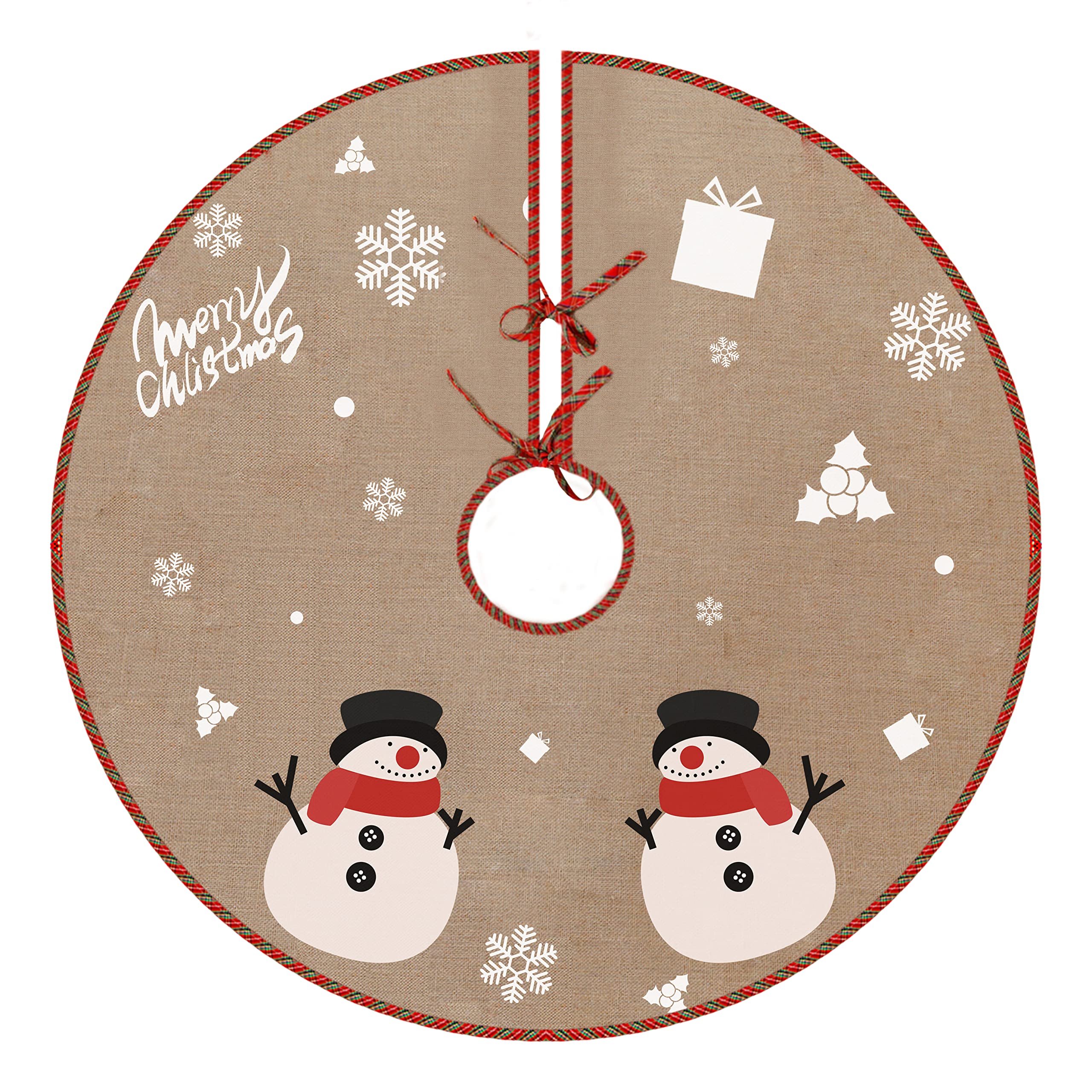 48 Inch Burlap Christmas Tree Skirt - Vintage Rustic Farmhouse Holiday Decor with White Snowflake & Snowman Design for Xmas, Navidad, Wedding & Party | Indoor Winter Decorations & Jute Tree Skirt for Cozy Home Celebrations