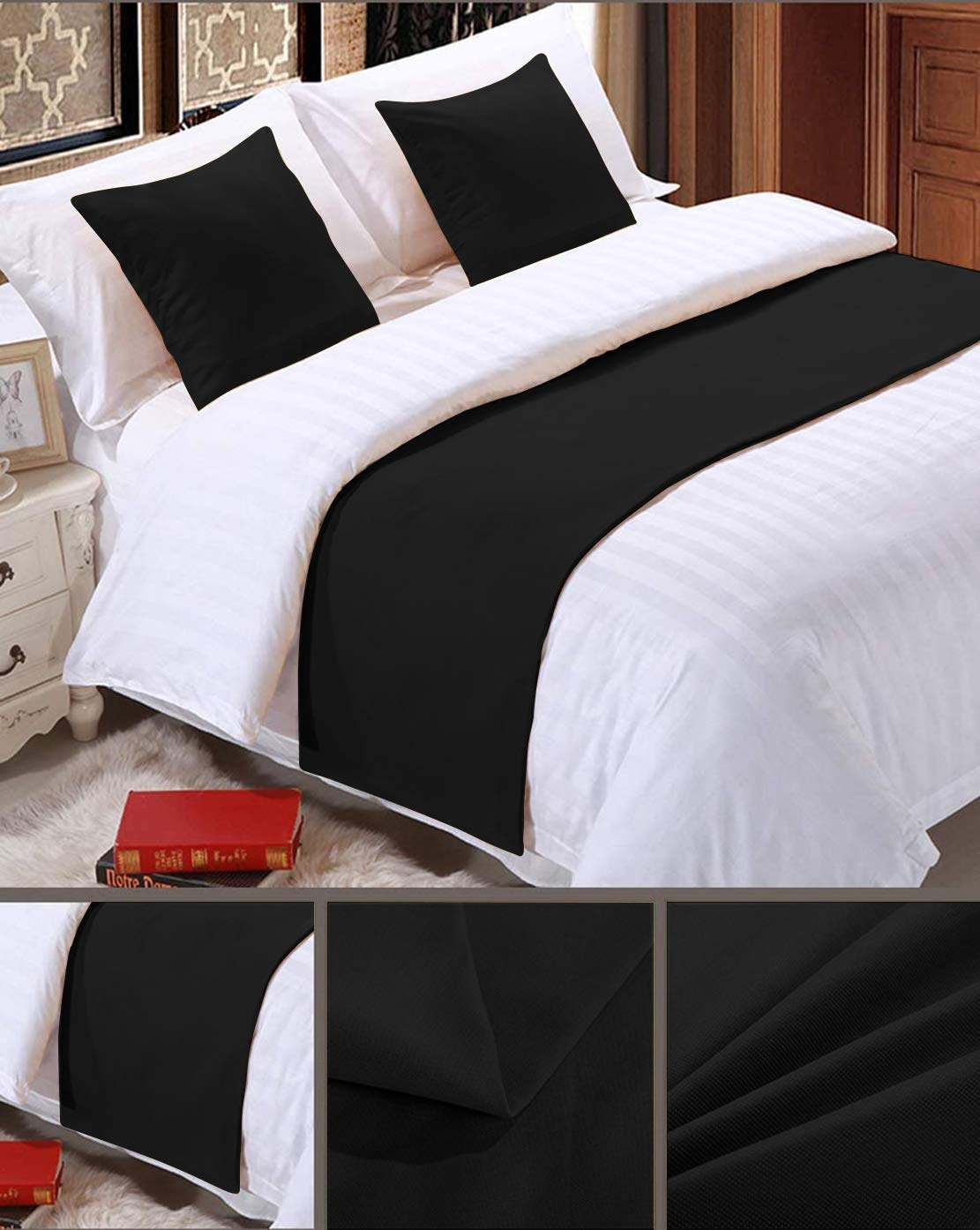 Premium 100% Egyptian Cotton Bed Runner - Luxury Decorative Scarf for Twin Size Beds (Black) | Elegant Bedroom Decor, Hotel Style Accent & Wedding Room Decoration