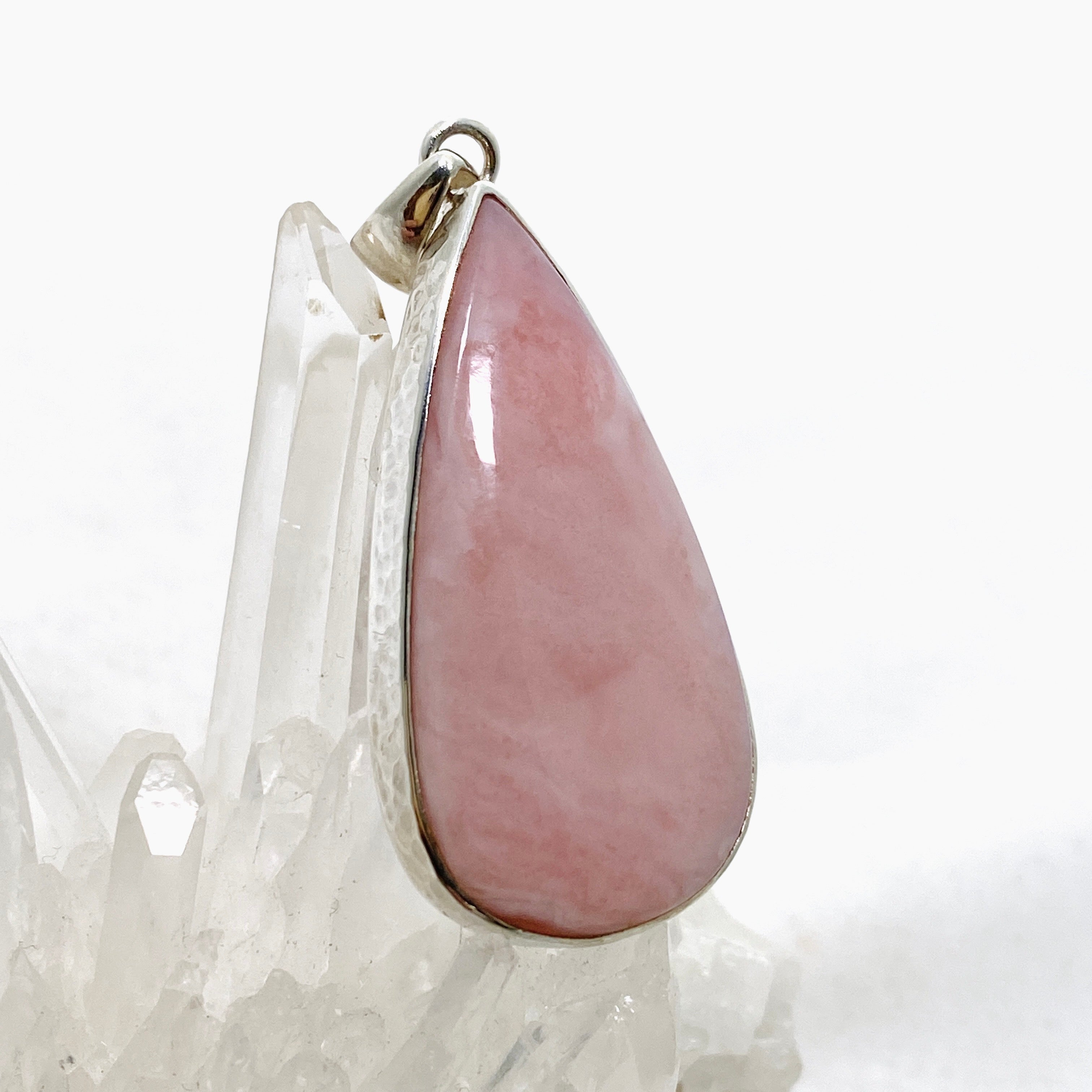 Natural Pink Opal Teardrop Cabochon Pendant Necklace - Handmade Hammered Sterling Silver Setting KPGJ4669 - Perfect for Boho Jewelry & Gift Giving