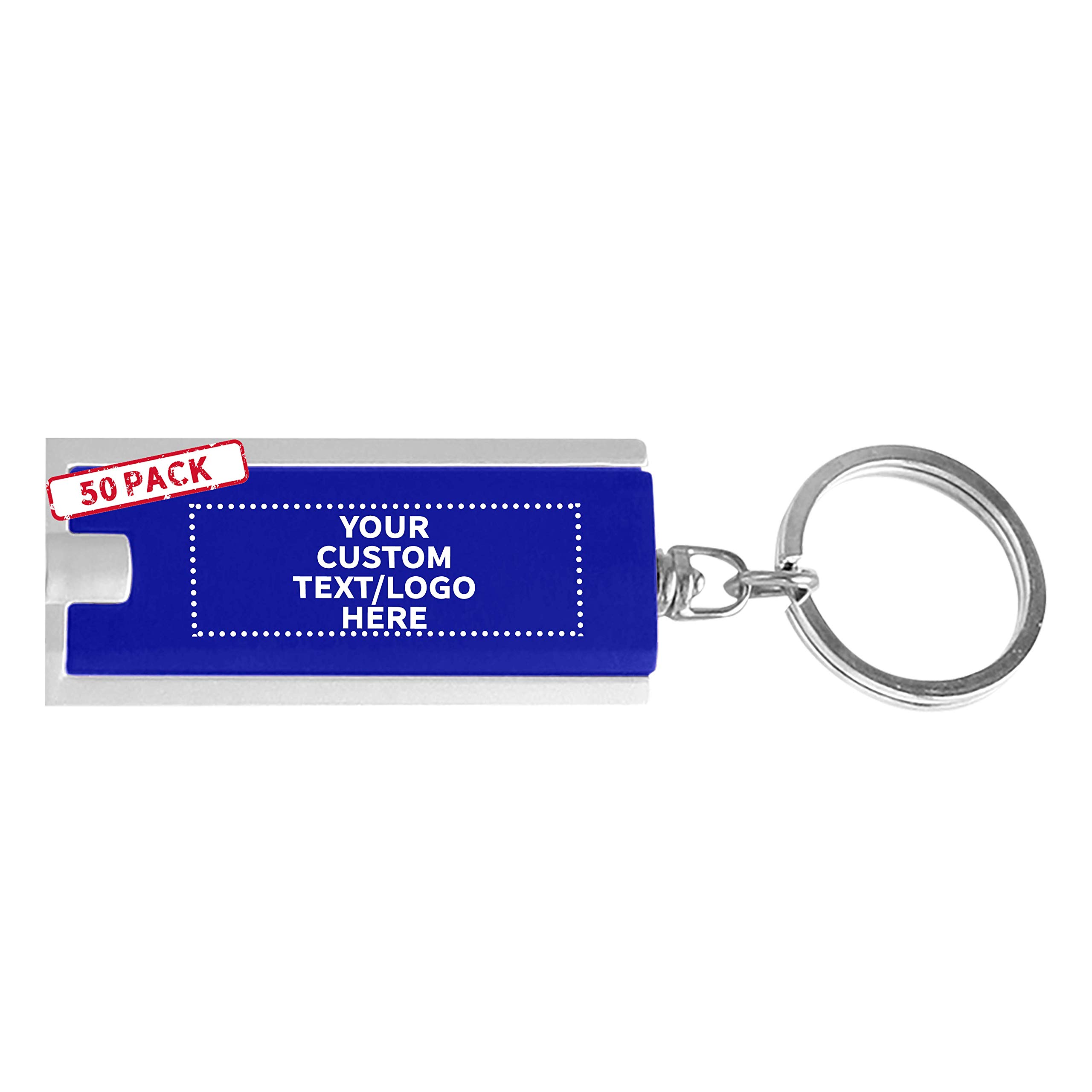 50 Pack Customizable LED Flashlight Keychains - Personalized Text & Logo - Durable Plastic Rectangle Design in Blue - Perfect for Promotions, Events, Gifts & Emergency Kits