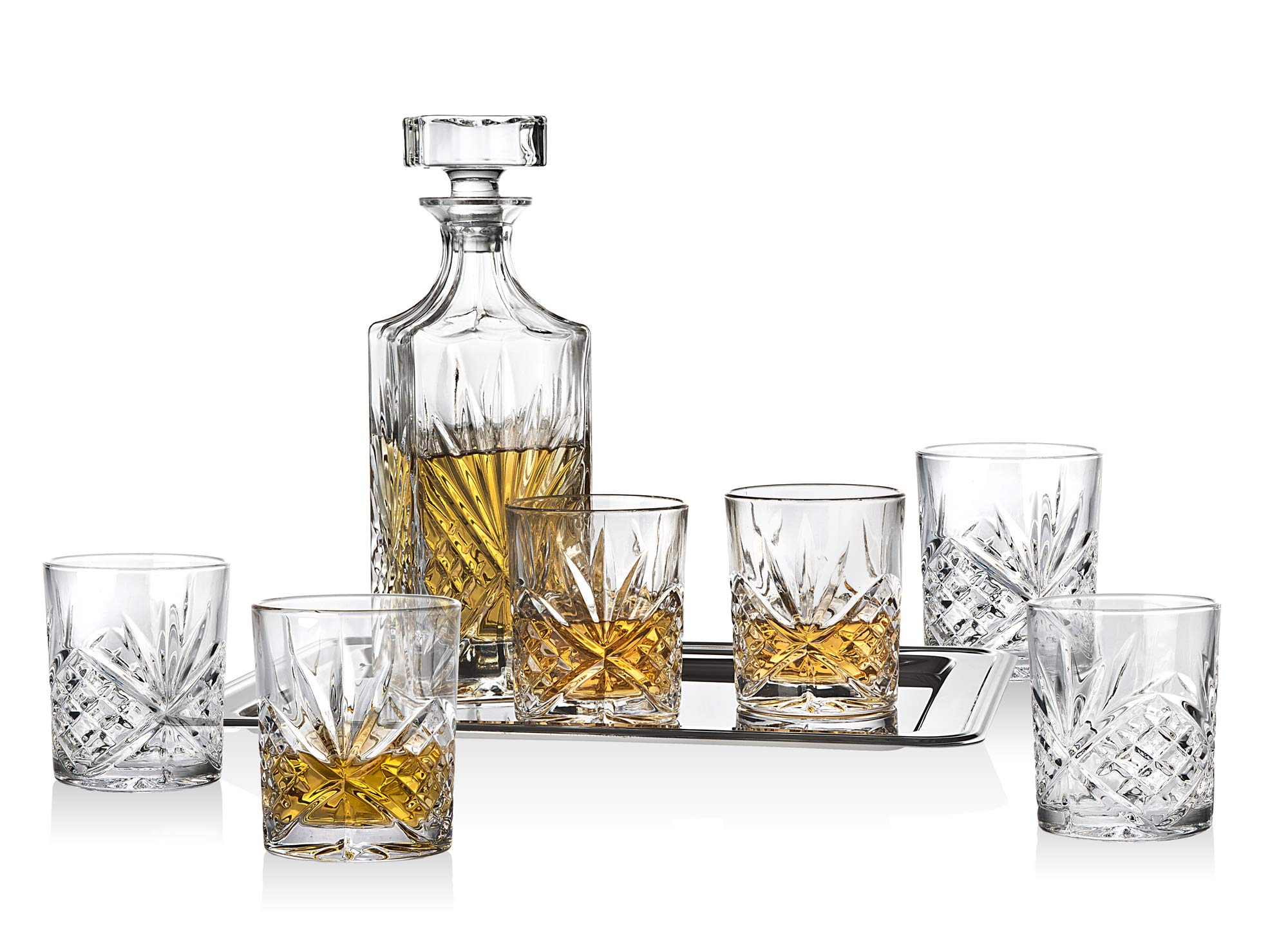 Godinger Dublin Whiskey Bar Set - 6 Old Fashioned Glasses, Crystal Whisky Decanter & Mirrored Tray - Luxury Home Bar Accessories for Entertaining & Gifts