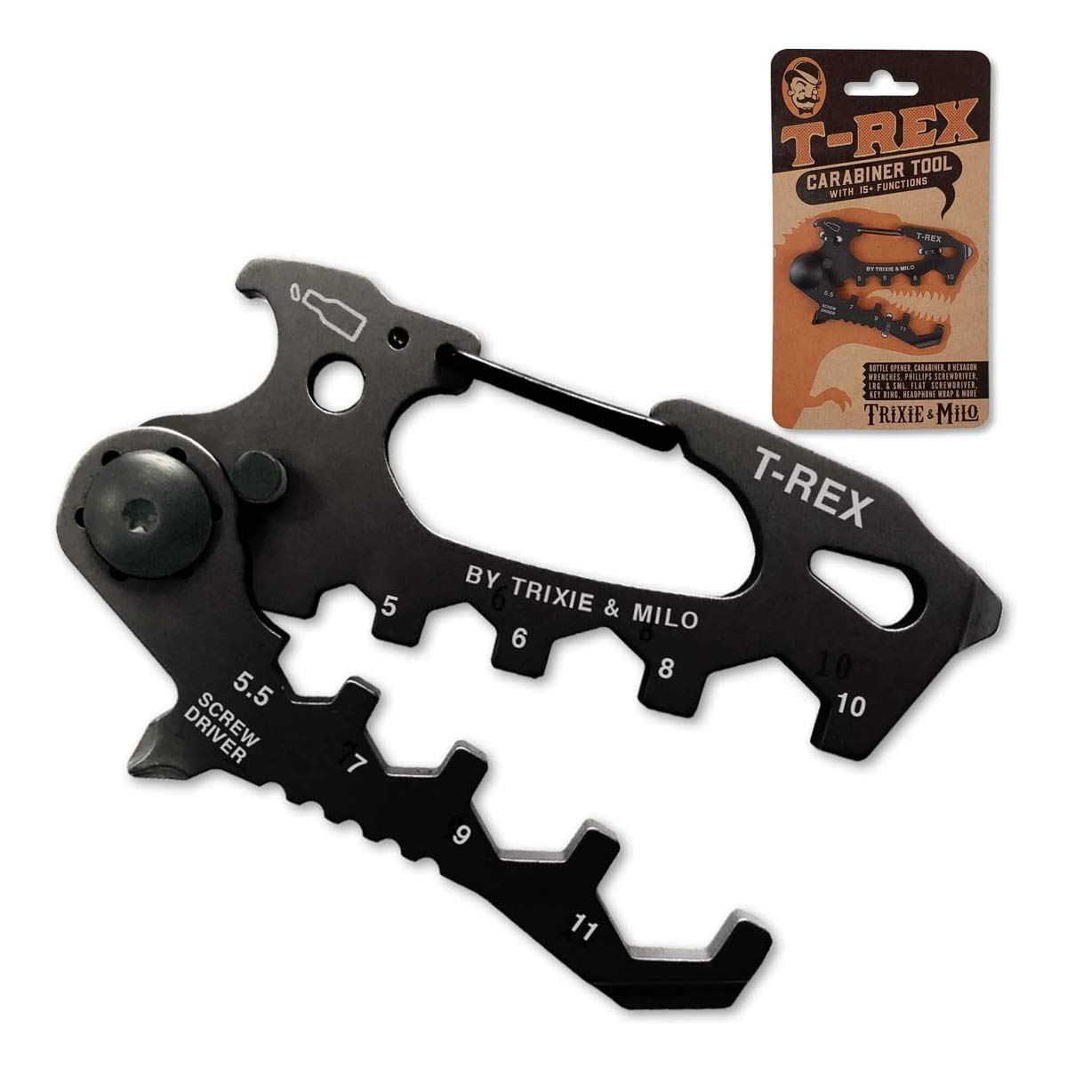 Trixie & Milo T-Rex Carabiner Multitool - Keychain Bottle Opener with Screwdriver for Men | Durable Travel & EDC Accessory | Perfect for Camping, Hiking, Outdoor Adventures & Everyday Carry