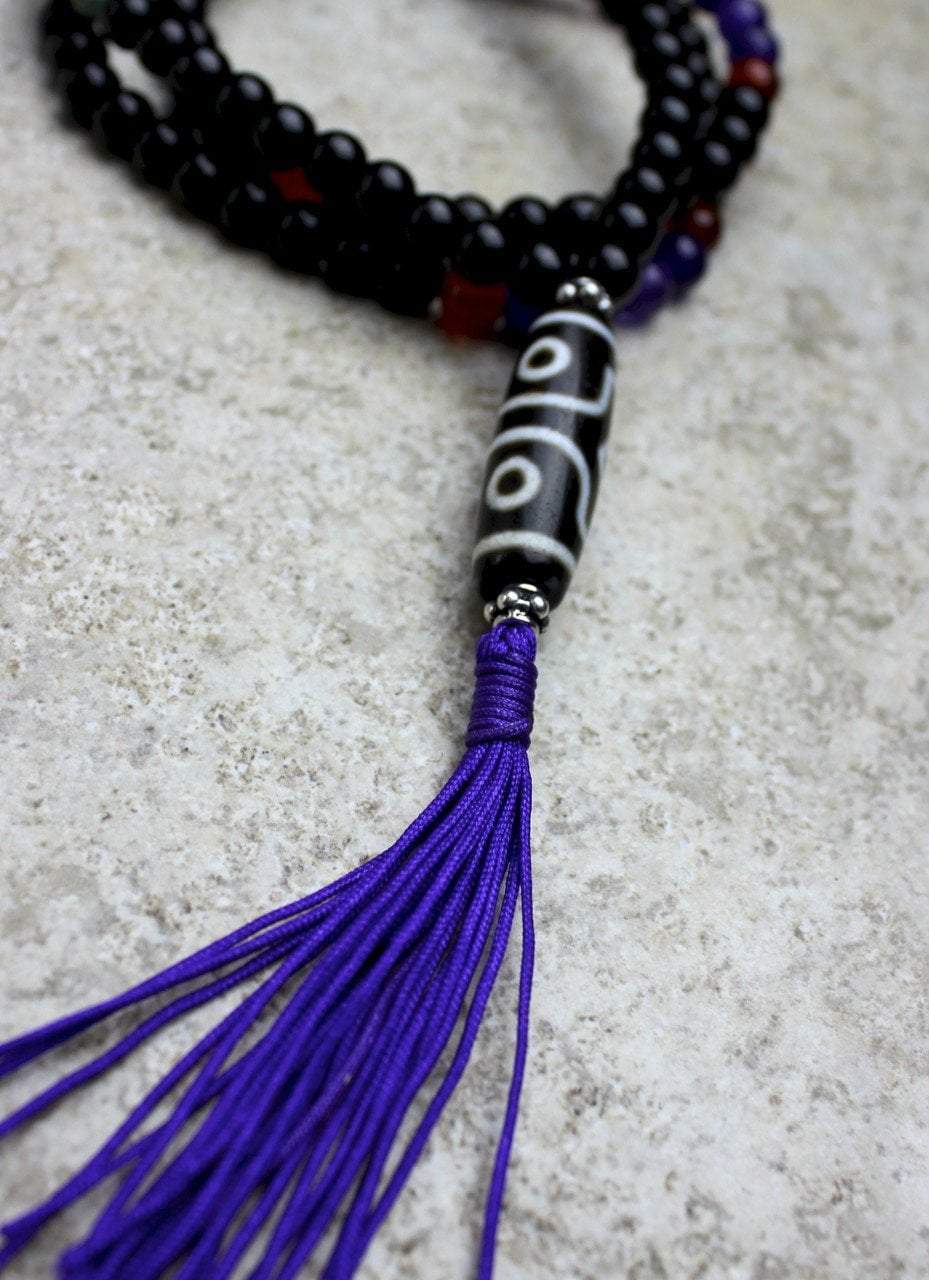 3 Eye Dzi Bead Mala Bracelet with Onyx and Amethyst - Tibetan Buddhist Prayer Beads for Meditation, Yoga & Spiritual Protection