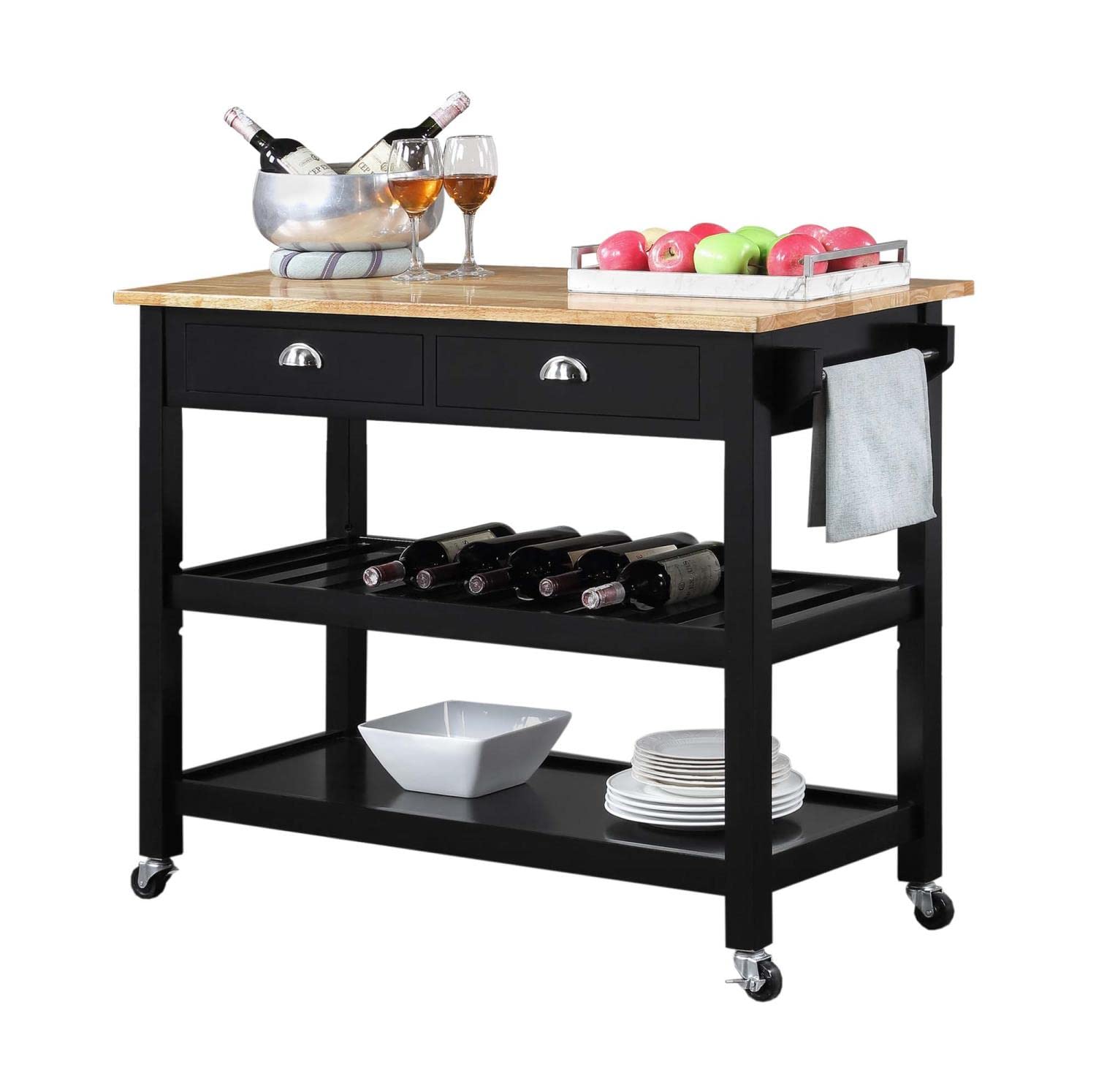 Convenience Concepts American Heritage 3-Tier Butcher Block Kitchen Cart with Drawers - Black/Butcher Block | Rolling Storage Island for Small Spaces, Kitchen Organization & Serving Station