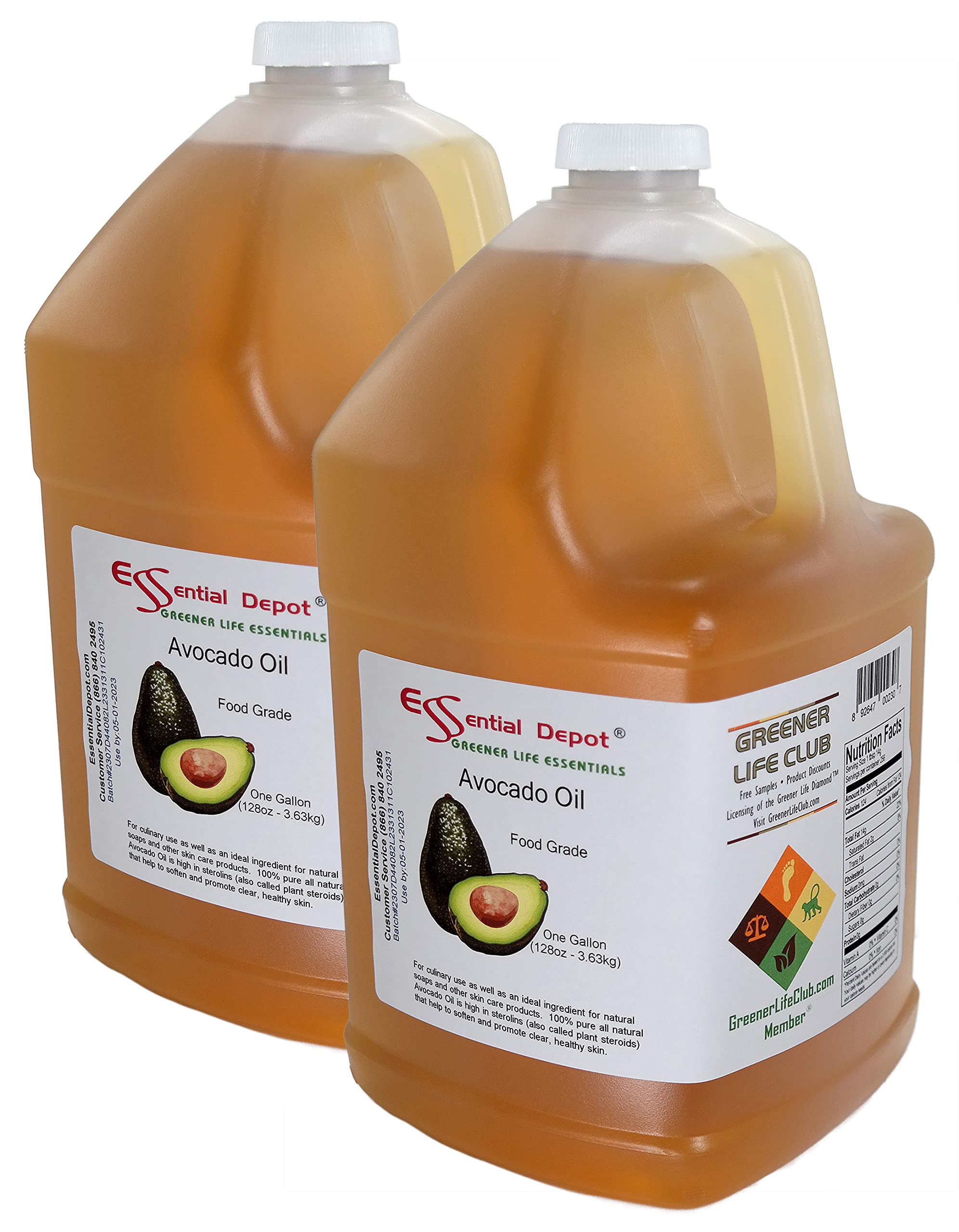 Premium Food Grade Avocado Oil - 2 Gallons (256 oz) - 2 x 1 Gallon HDPE Containers with Resealable Cap - Ideal for Cooking, Baking & Salad Dressings