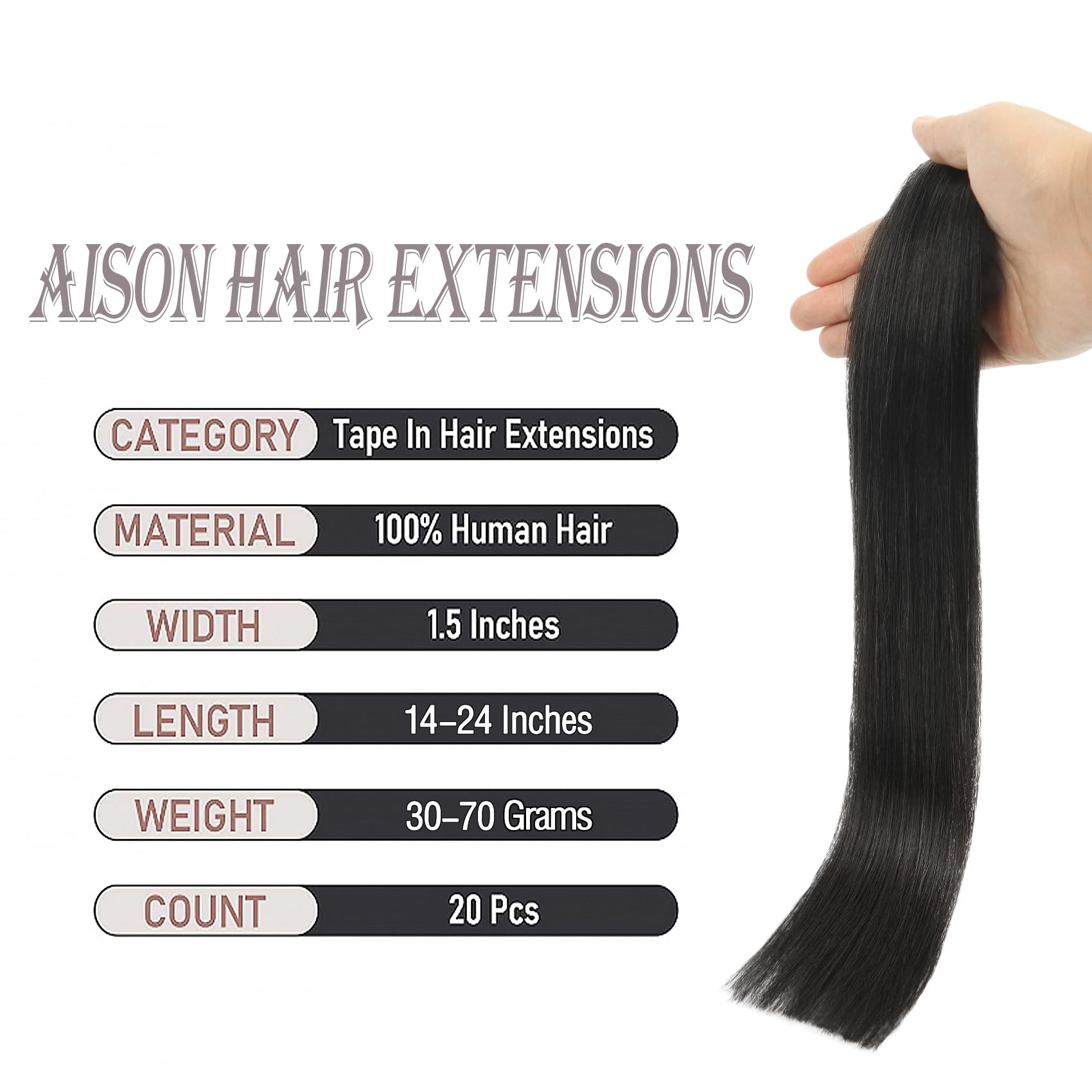 Aison 22-Inch Human Hair Tape in Extensions - 60g, 20-Piece Pack, Natural Black, Silky Straight - Perfect for Daily Wear, Parties & Special Occasions