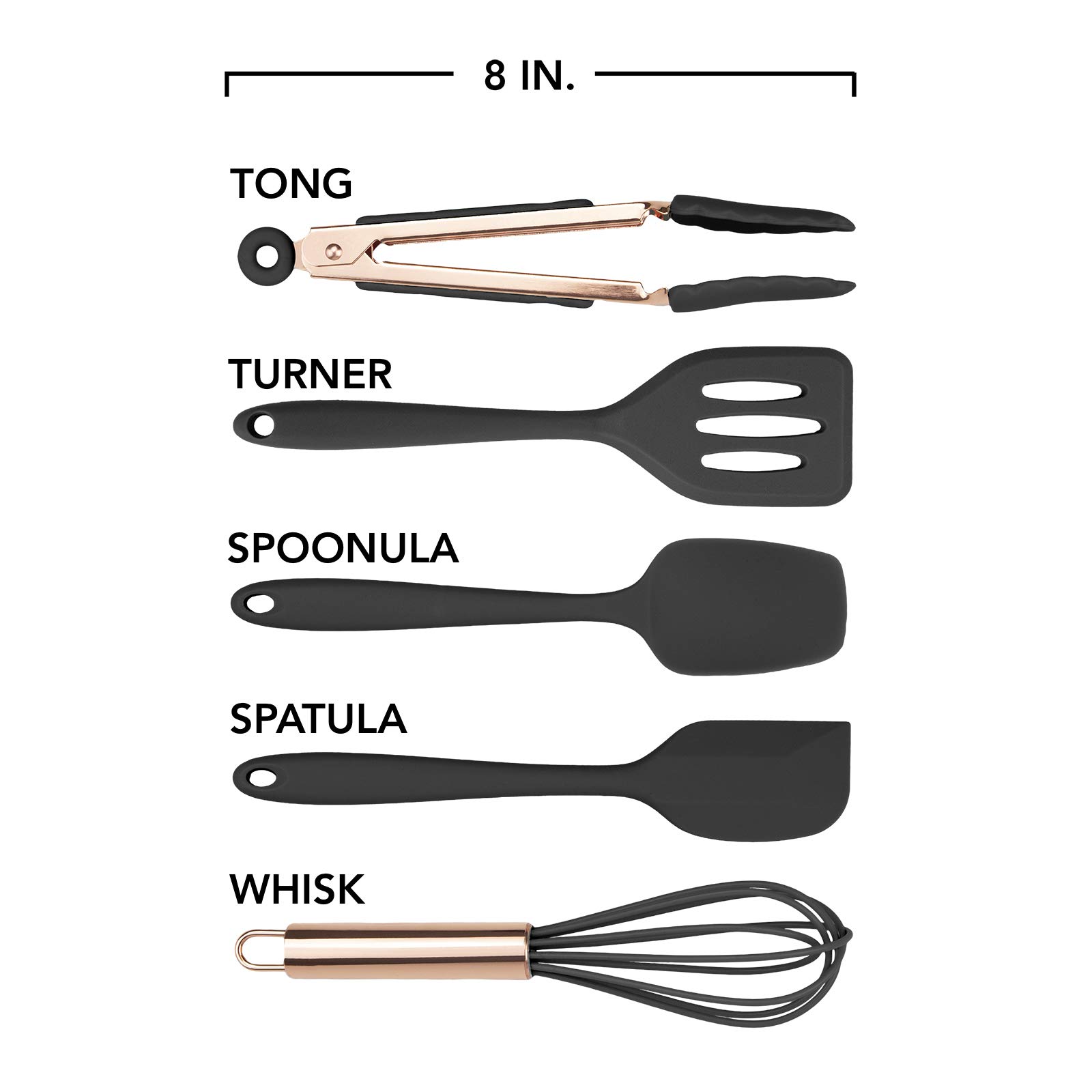 COOK WITH COLOR Silicone Cooking Utensils Set - Easy to Clean Kitchen Gadgets for Nonstick Cookware, Mini Black Utensils for Baking, Frying, and Everyday Cooking