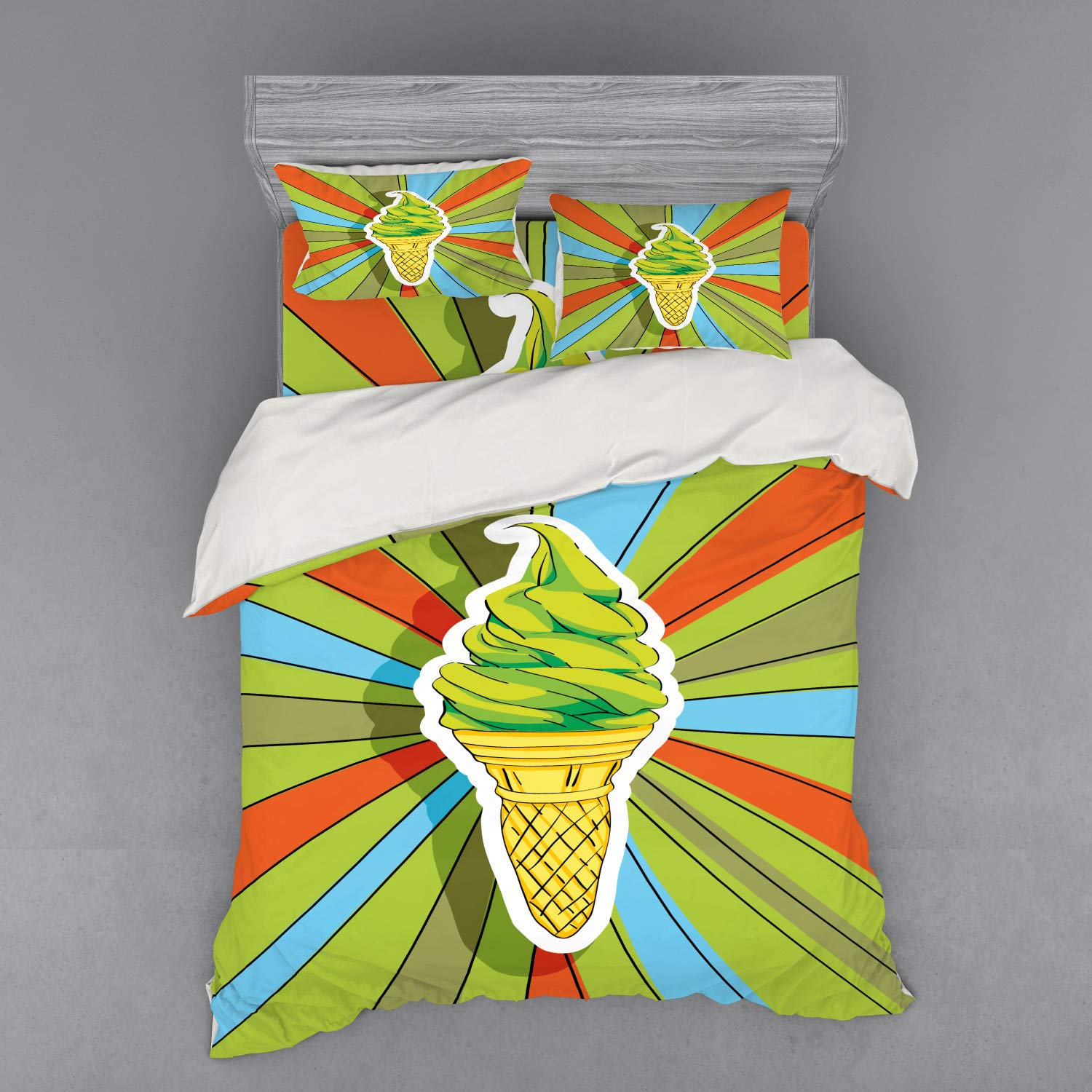 Ambesonne Hand-Drawn Ice Cream Cone Duvet Cover Set - 4 Piece Queen Size Bedding with Shams & Fitted Sheet, Vibrant Lime Green Multicolor Design - Perfect for Kids' Rooms, Summer Themed Bedrooms & Ice Cream Lovers