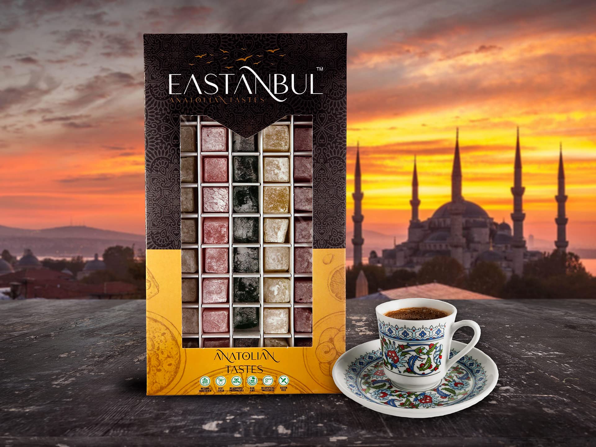 Premium Eastanbul Turkish Delight Lokum - 21.2oz Assorted Flavors (Rose, Orange, Apple, Mastic) | Gluten Free, Vegan, No Artificial Ingredients | Authentic Turkish Candy Gift Box | Perfect for Parties, Gifts & Dessert Platters