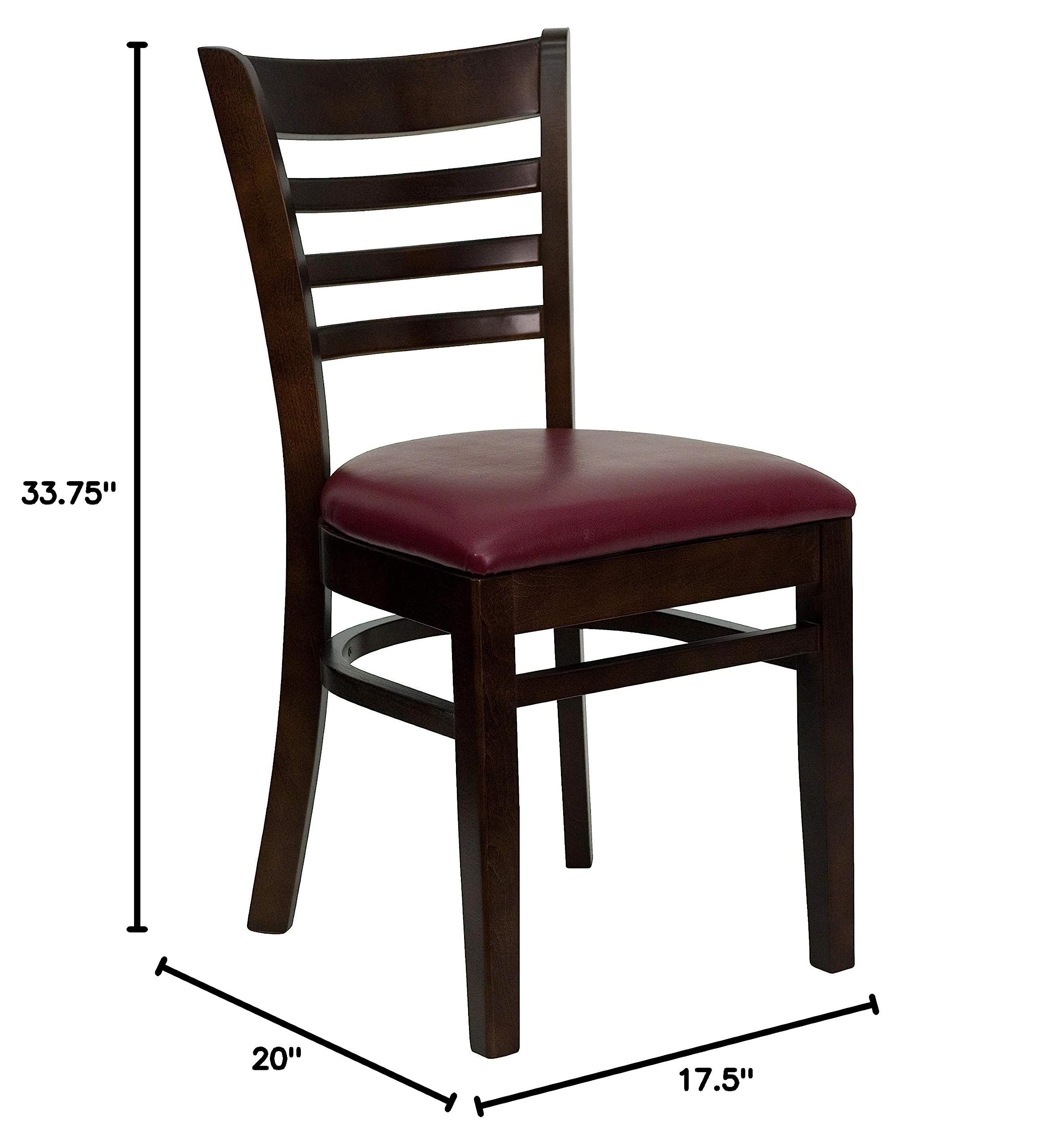 2 Pack Walnut Wood Ladder Back Dining Chairs with Burgundy Vinyl Upholstered Seats - Sturdy Restaurant Chairs for Home Kitchen, Cafe, Bistro & Dining Room
