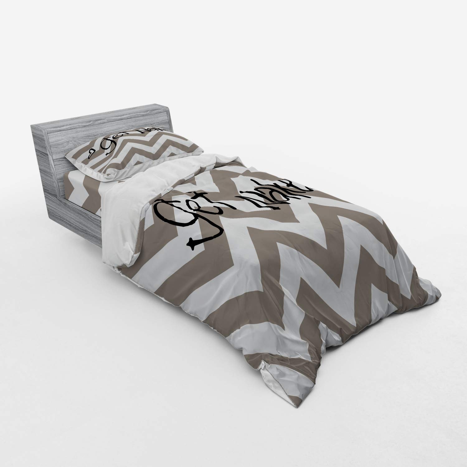 Ambesonne Funny Duvet Cover Set - 'Get Naked' Phrase with Heart Design on Zig Zag Pattern, Hand Drawn 3-Piece Bedding Set Includes Sham & Fitted Sheet, Twin XL Size in Taupe Cream Black - Perfect for Teen Rooms, College Dorms & Unique Bedroom Decor