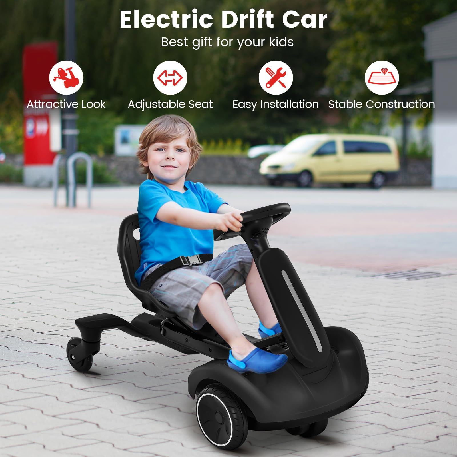 Costzon 6V Electric Ride-On Drift Car for Kids Ages 3+ | 360° Spin, Adjustable Seat, 2.6-3 MPH | Horn & Engine Sounds | Black Kids Drifting Go Kart - Perfect for Indoor Play & Backyard Fun