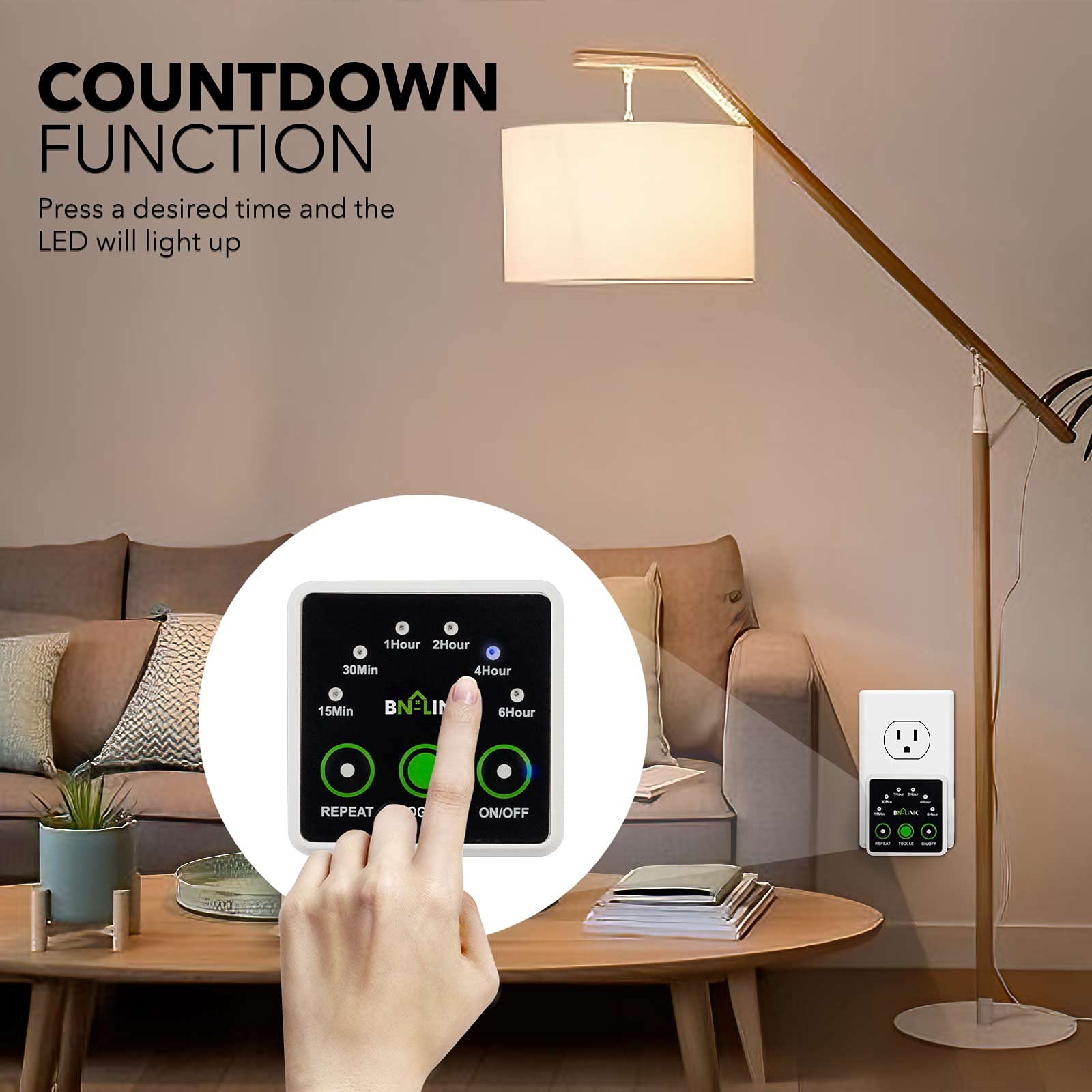 BN-LINK Smart Digital Countdown Timer with 3-Prong Outlet - 15A/1875W Heavy Duty Timer for Lamps, Lights & Appliances - Programmable Repeat Cycle Timer for Home, Office & Workshop Use