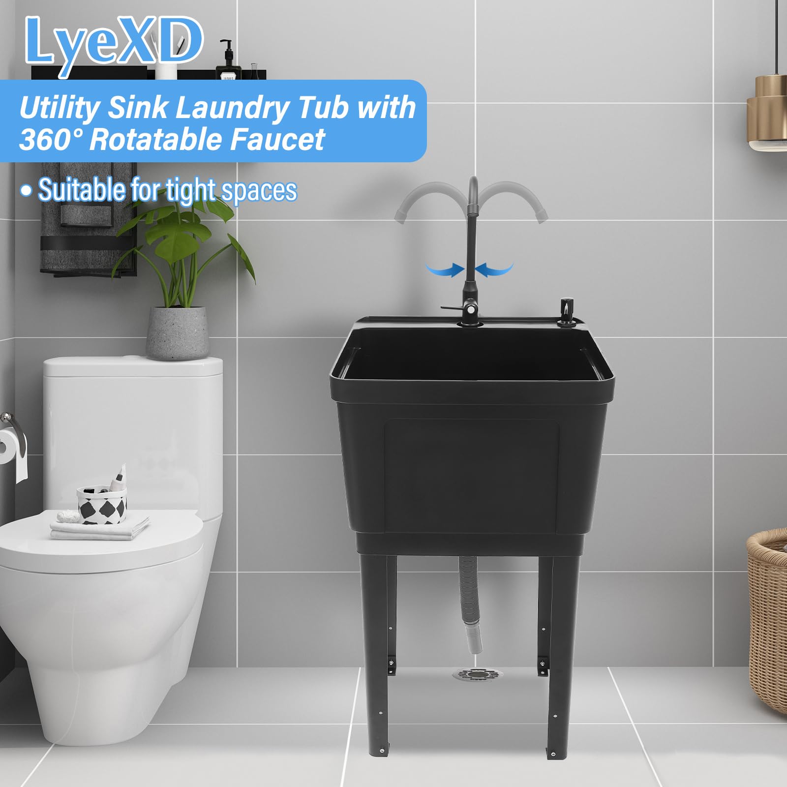 Heavy Duty Utility Sink Laundry Tub - Freestanding Wash Station with Rotatable Faucet & Soap Dispenser | Durable Plastic Slop Sink for Basement, Garage, Workshop | Ideal for Laundry, Cleaning Tools, Pet Washing & DIY Projects (Black)