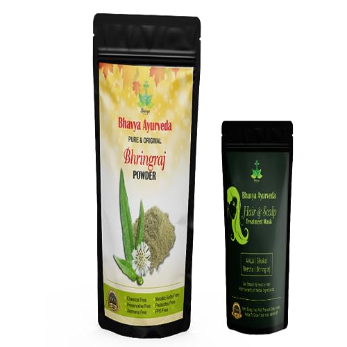 Bhavya Ayurveda 100% Organic Bhringraj Powder (Eclipta Alba) for Hair Growth & Care - Natural Hair Mask Treatment | Promotes Thicker, Longer Hair | Ideal for DIY Hair Masks & Scalp Treatments