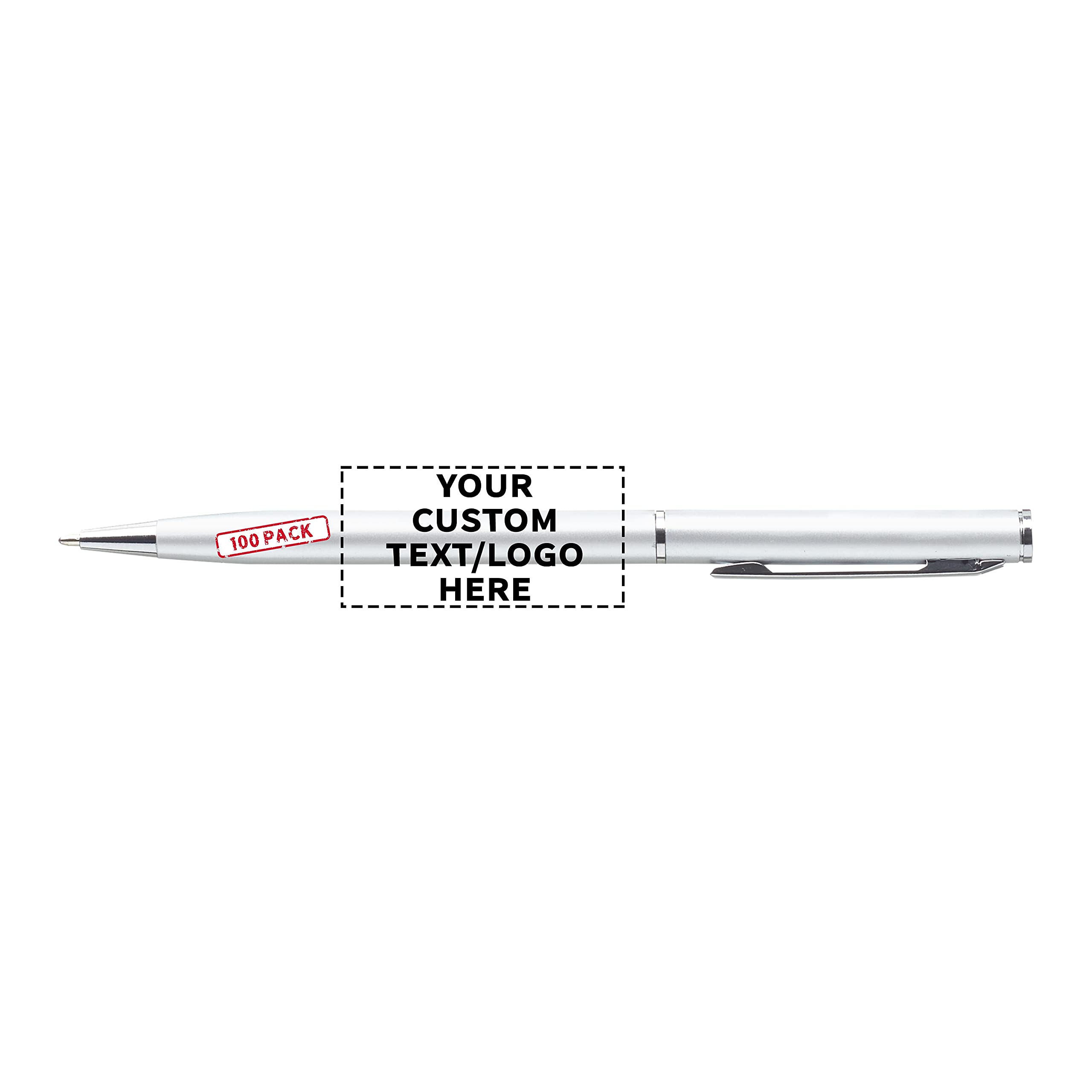 100 Pack Customizable Skinny Ballpoint Metal Pens - Personalized Text & Logo - Sleek Twist-Off Design with Black Ink - Silver Office & School Writing Supplies for Business Gifts & Promotional Giveaways