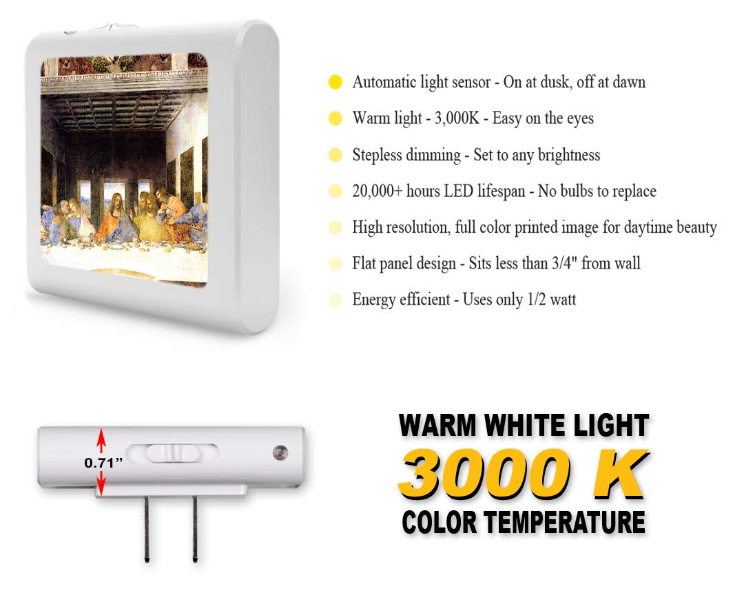 Dimmable LED Night Light with Auto On/Off Sensor, Adjustable Brightness & Warm White Light - Perfect for Bathroom, Hallway, Nursery & Bedroom - Da Vinci The Last Supper Inspired Design - Creates Cozy Ambiance for Nighttime Safety & Comfort