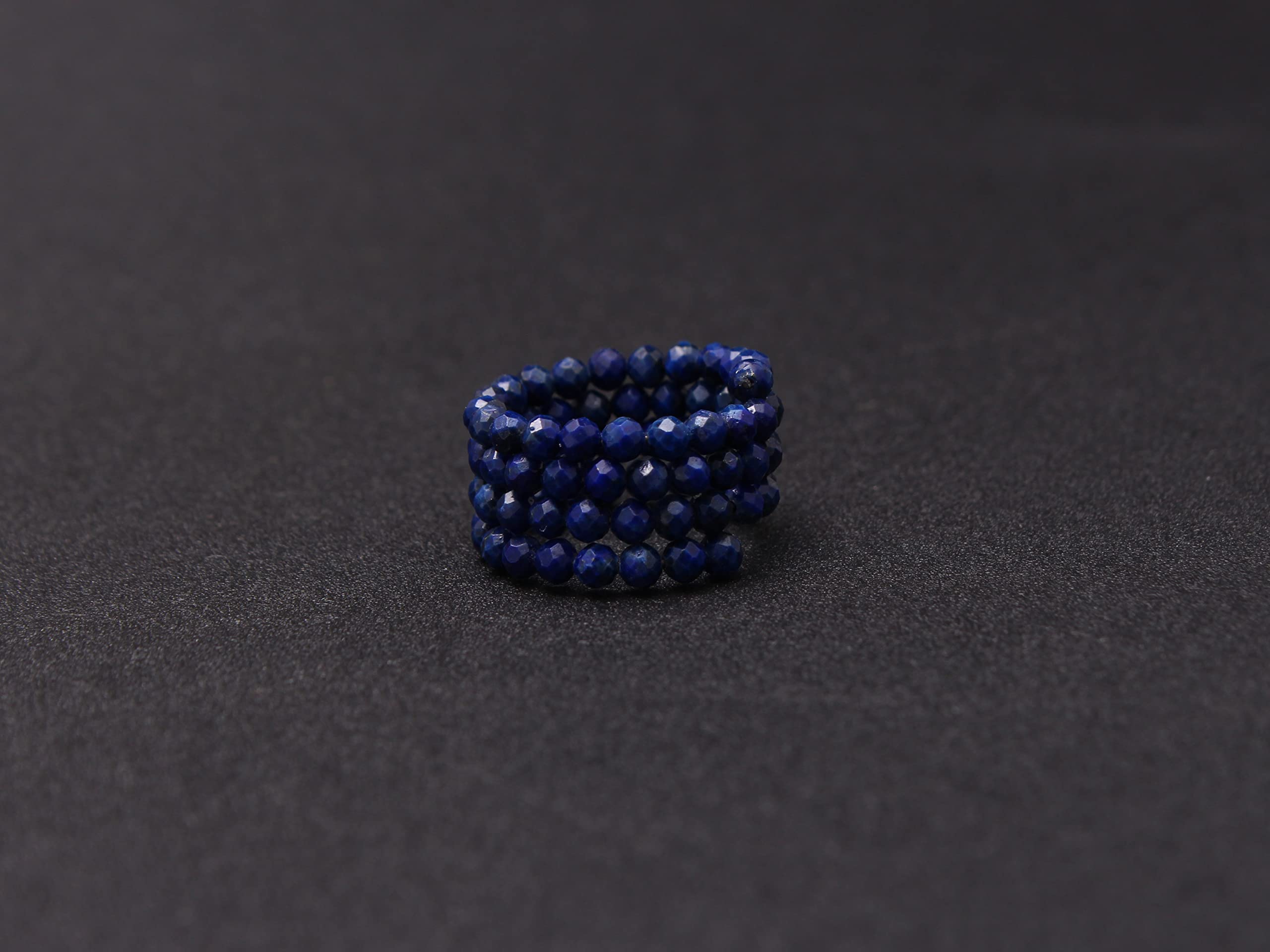 Natural Lapis Lazuli Beaded Ring - 3mm Micro Faceted Round Gemstone Adjustable Wire Ring for Men & Women | Healing Crystal Jewelry, Handmade Semi-Precious Stone Ring for Meditation, Yoga & Spiritual Gifts