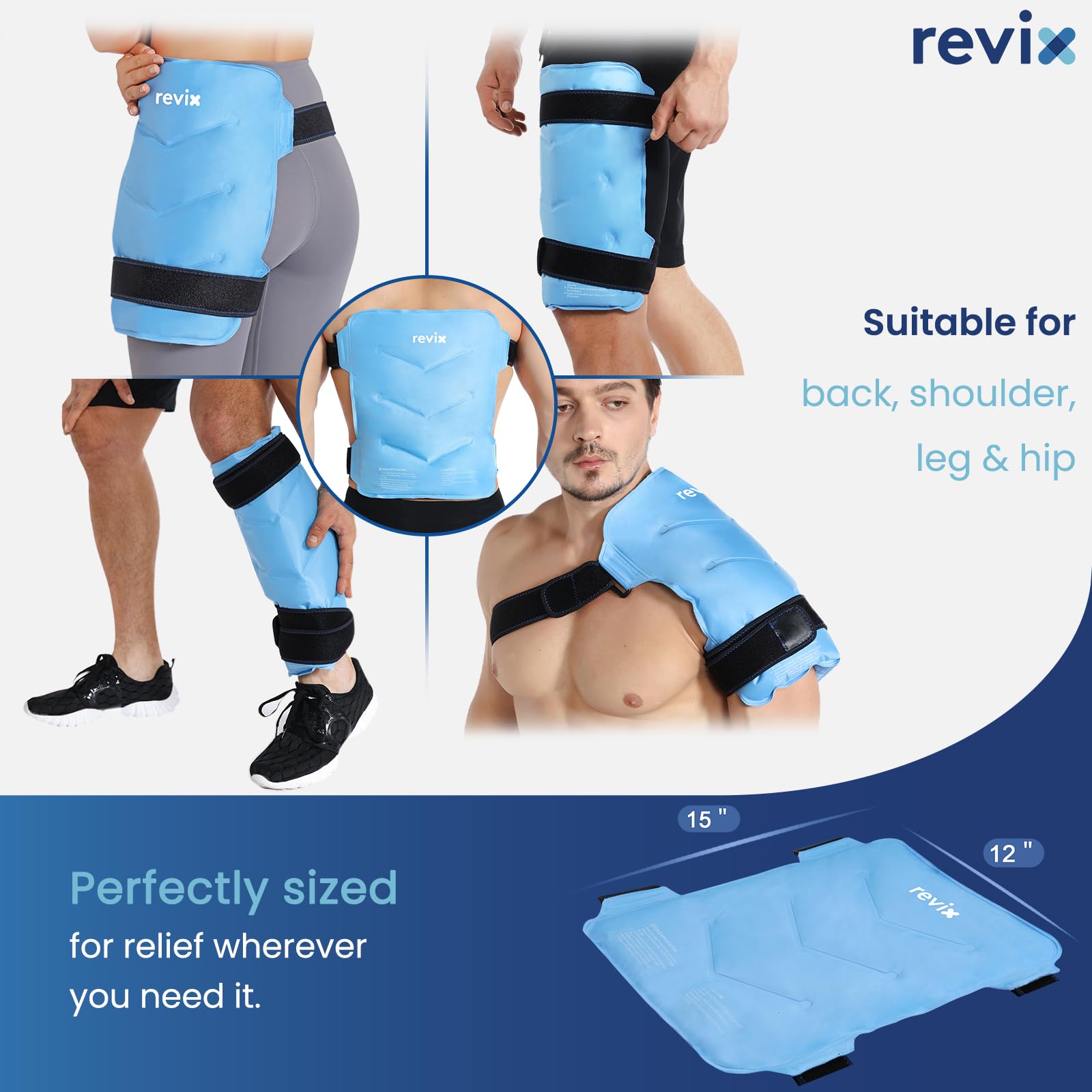 REVIX Large Reusable Ice Pack for Injuries - Flexible Soft Gel Cold Pack for Back, Hip, Leg & Shoulder Pain Relief - 12×15 Inch Blue - Perfect for Sports Injuries, Post-Workout Recovery & Joint Discomfort