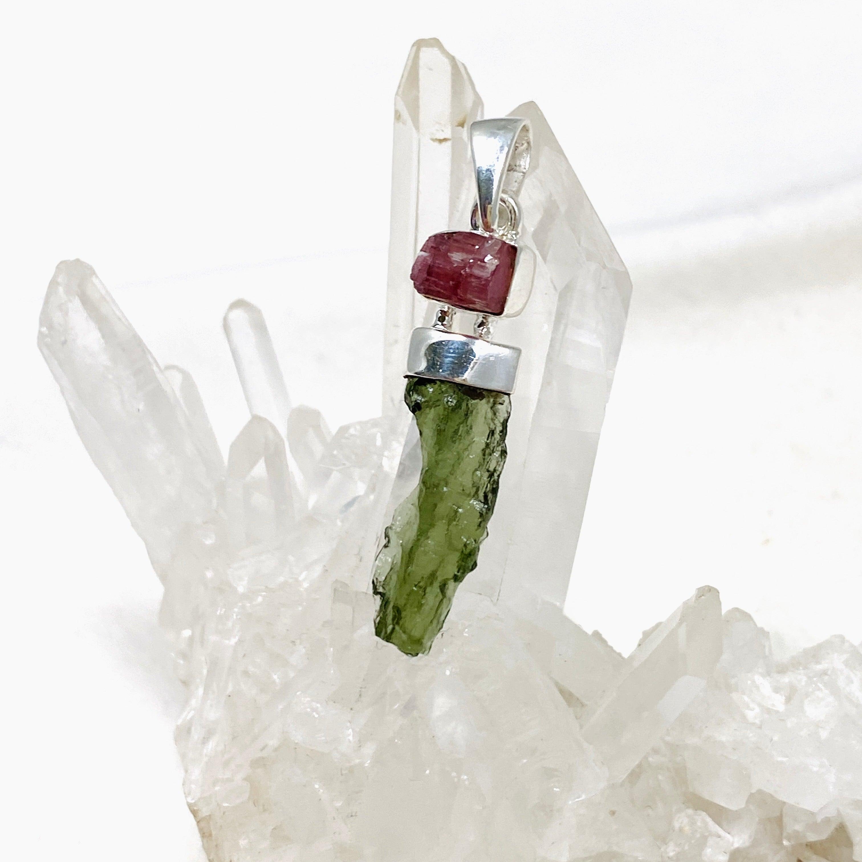 Natural Moldavite & Pink Tourmaline Pendant Necklace CGJ 04 - Spiritual Healing Jewelry for Meditation & Energy Protection