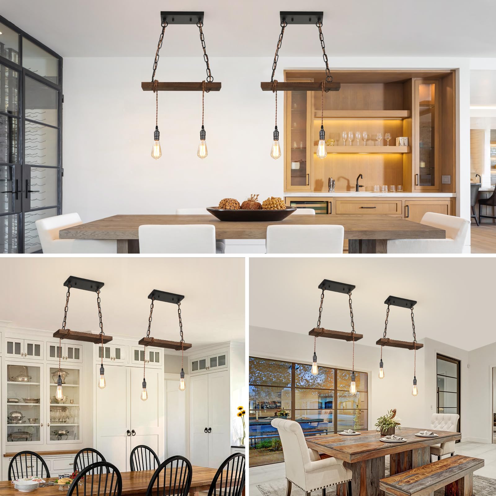 Farmhouse Pendant Lights for Kitchen Island - 2-Light Rustic Wooden Ceiling Hanging Light Fixture with Adjustable Height - Perfect for Dining Room, Bar, Pool Table, Cabin & Farmhouse Decor
