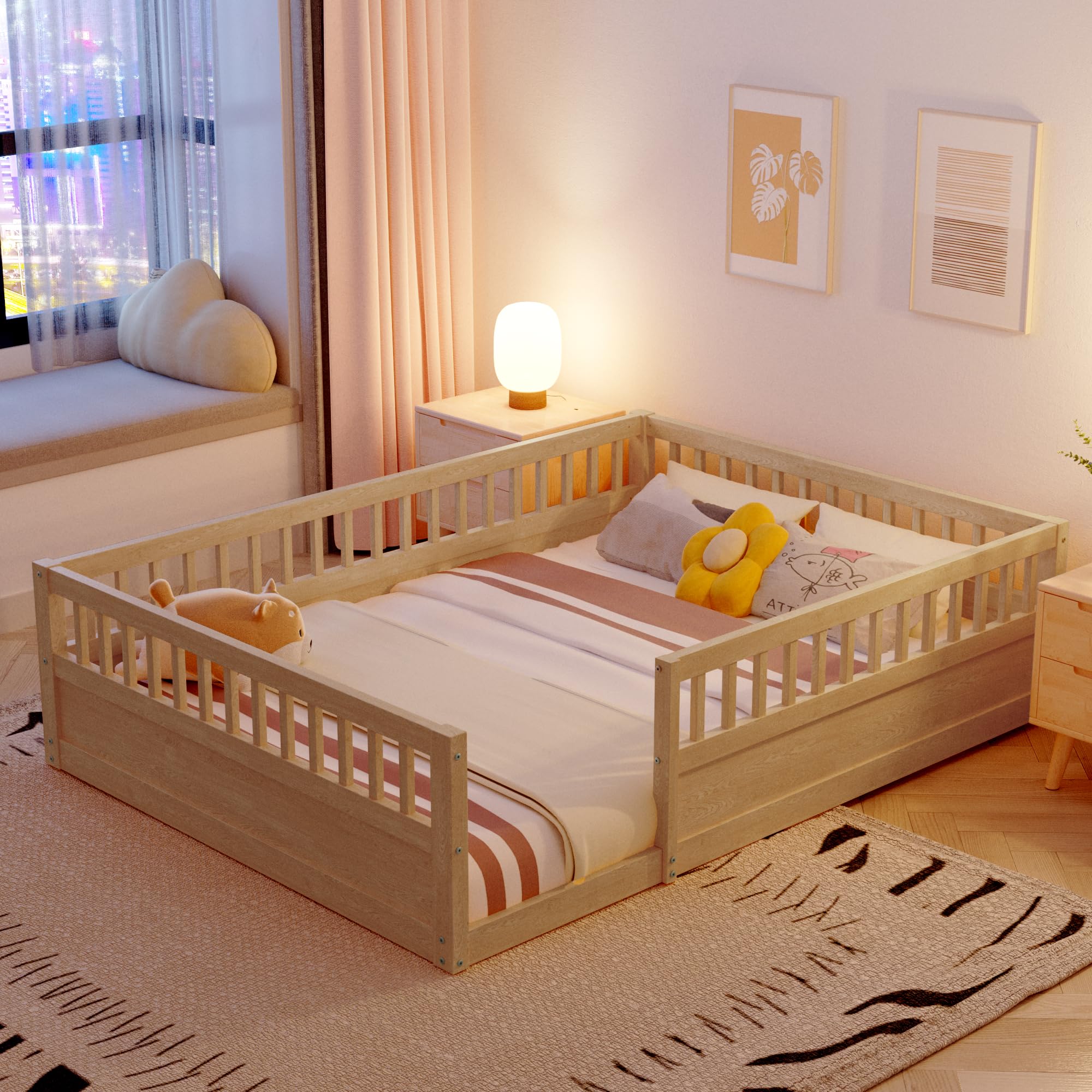 Montessori Floor Bed for Kids - Full Size Wooden Playhouse Bed with High Safety Railings for Toddlers, Boys & Girls - Natural Finish - Perfect for Montessori Rooms, Playrooms & Safe Sleep Spaces