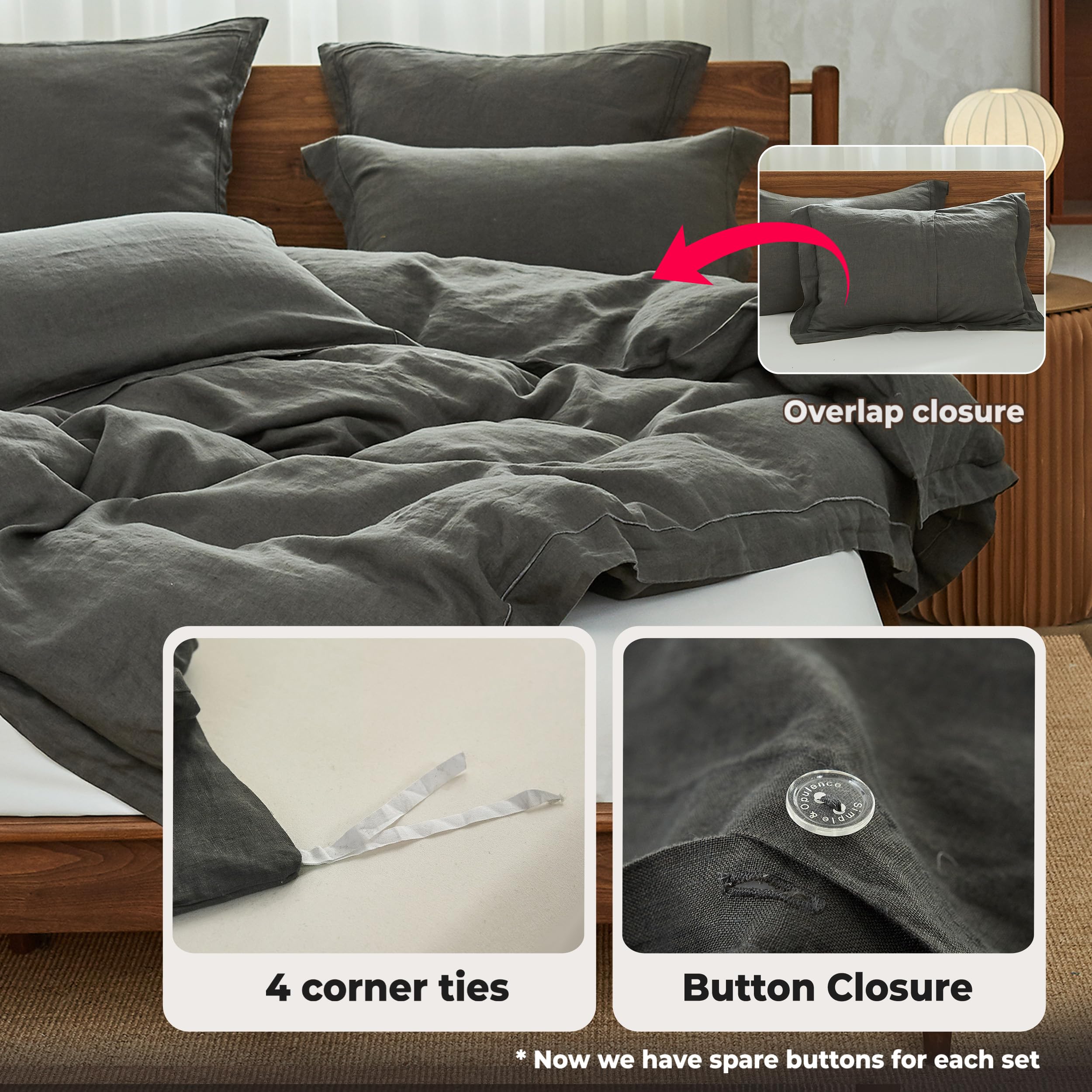 Simple & Opulence 100% Washed Linen Duvet Cover Set - Queen Size 88x92 Inches, 3-Piece Farmhouse Bedding with Embroidered Design & Button Closure (1 Duvet Cover + 2 Pillow Shams) in Charcoal Grey - Perfect for Cozy Bedrooms & Guest Room Decor
