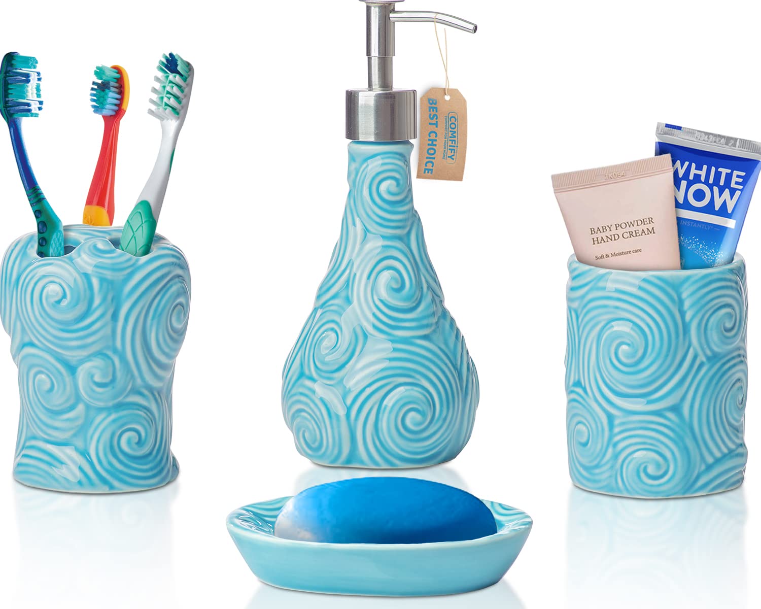 Luxury 4-Piece Bathroom Set - Porcelain Soap Dispenser, Toothbrush Holder, Tumbler & Soap Dish - Glossy Aqua Blue Ocean Waves Design - 15.6oz Capacity - Perfect for Bathroom Organization & Spa-Like Decor