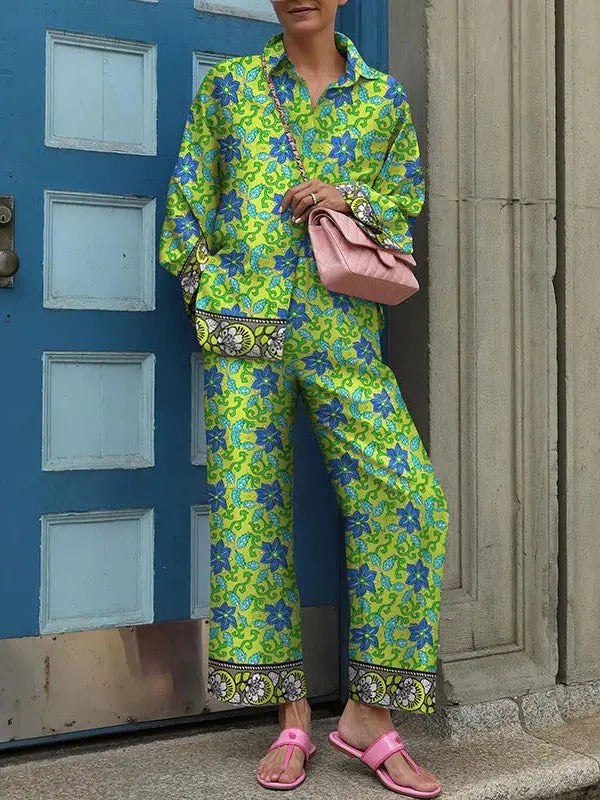 Women's Vintage Printed Loose Two-Piece Set - Long Sleeve Shirt & Wide Leg Pants for Autumn | Fashion Streetwear Outfit for Casual Wear, Office, and Date Nights