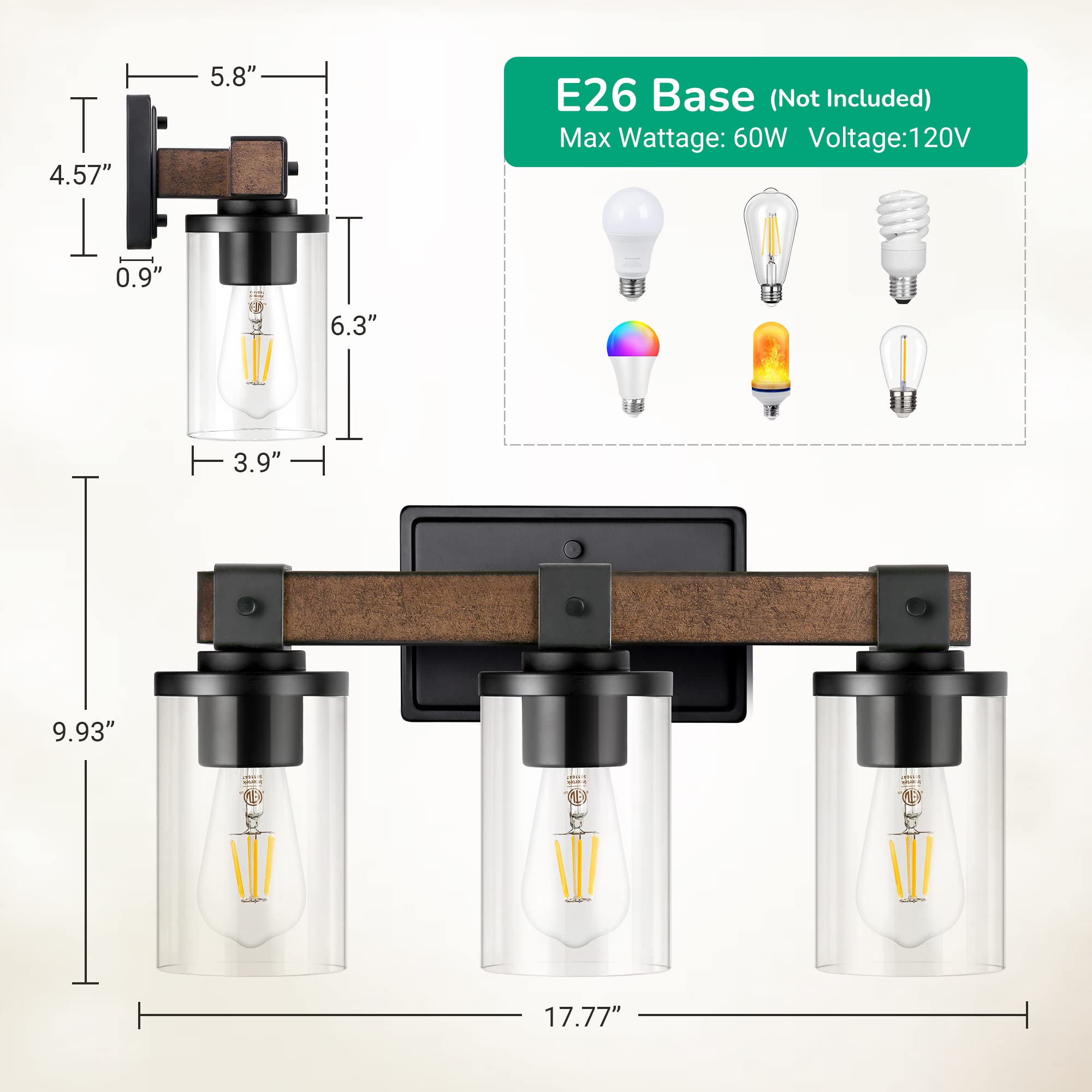 Farmhouse Vanity Lights for Bathroom - 3-Light Wall Sconce with Clear Glass Shades, E26 Base - Perfect for Bathroom Mirror, Vanity Table & Living Room Lighting Decor