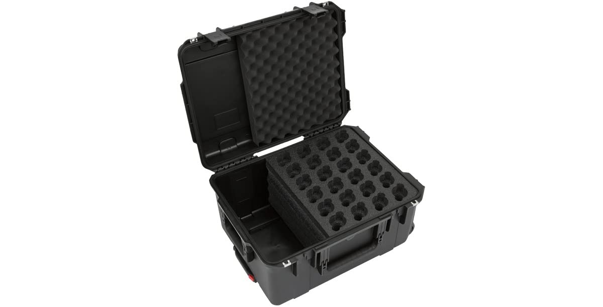 SKB Injection Molded Microphone Case with Foam Insert - Holds 24 Mics, Storage Compartment & Wheels - Perfect for Studio, Live Performances & Equipment Transport