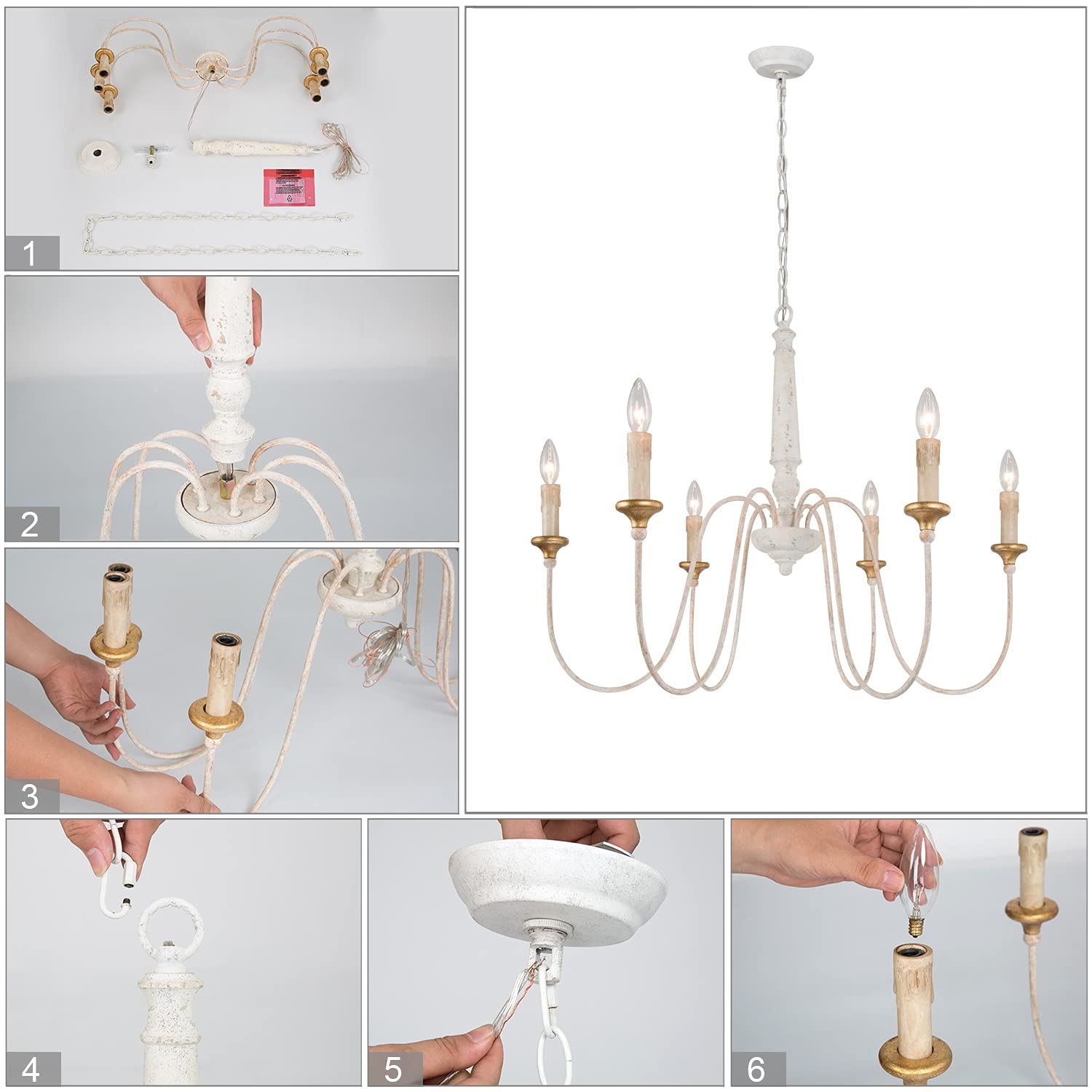 Farmhouse Chandelier - 6-Light French Country Wood Ceiling Light Fixture in Distressed White Finish, 30.5” Diameter x 25.5” Height - Perfect for Dining Room, Living Room, Kitchen Island or Entryway Lighting