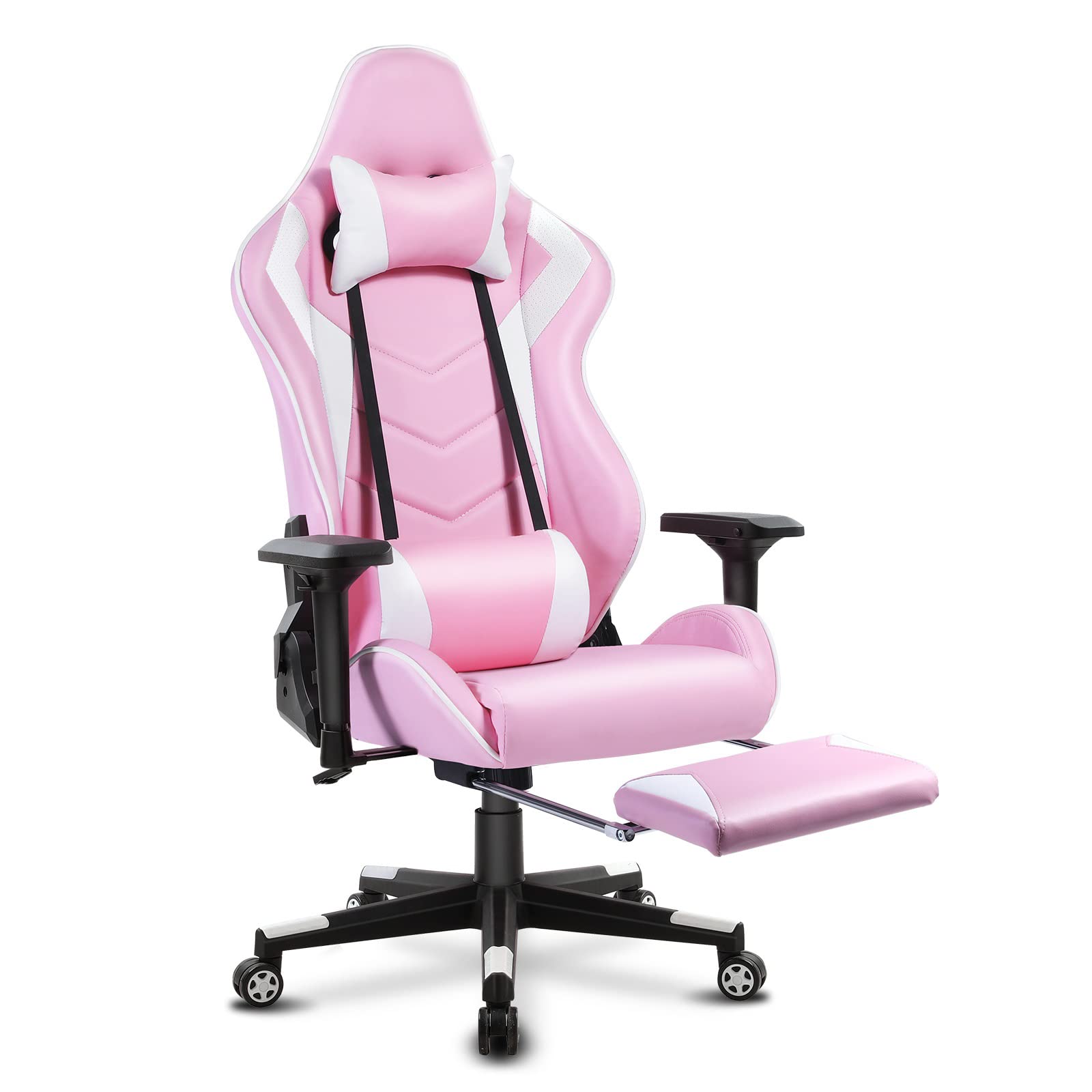 Ergonomic Swivel Recliner Gaming Chair with Built-in Speakers, Adjustable Footrest, Lumbar Support & Headrest - Pink & White - Perfect for Office, Gaming & Home Theater Relaxation