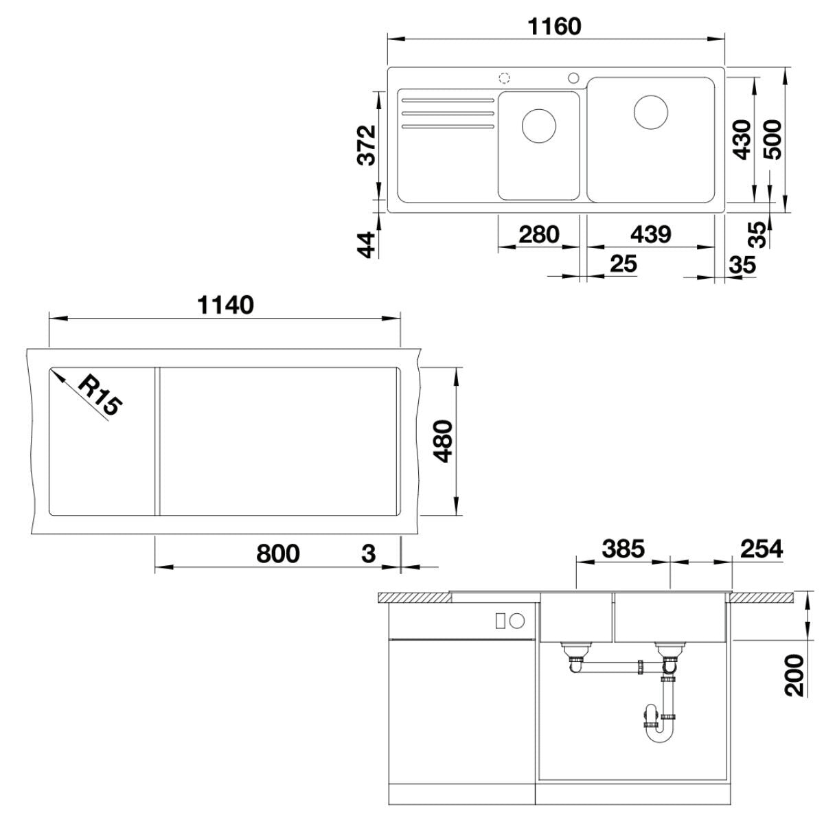 Blanco NAYA8SWK5 3/4 Bowl Stainless Steel Undermount Kitchen Sink with Right-Hand Drain - White - Perfect for Modern Kitchens, Remodeling & Small Spaces
