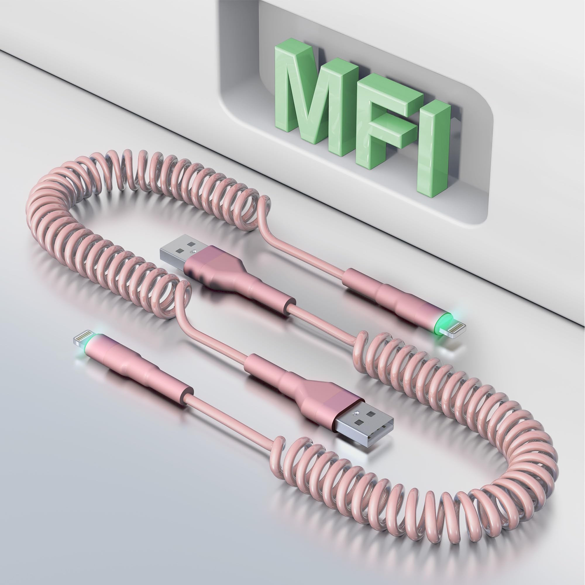 MFi Certified Coiled USB to Lightning Cable - 2 Pack Pink iPhone Car Charger for Apple CarPlay & Data Sync - Durable Fast Charging Cable for iPhone in Car, Home & Office Use