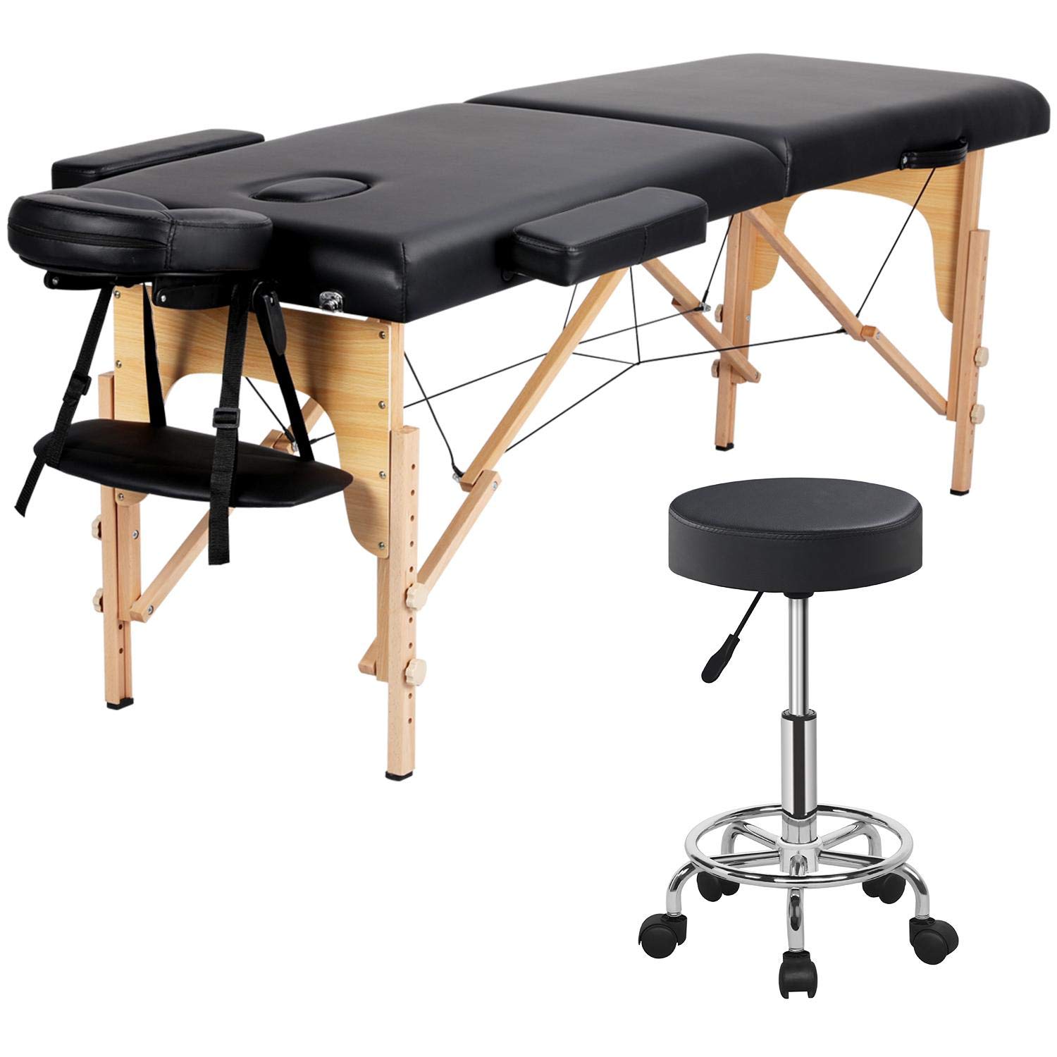 Topeakmart Adjustable 2-Section Wooden Portable Spa Massage Table with Rolling Stool - Salon & Therapy Bed for Home, Professional Use - Perfect for Massage, Facial, Beauty Treatments